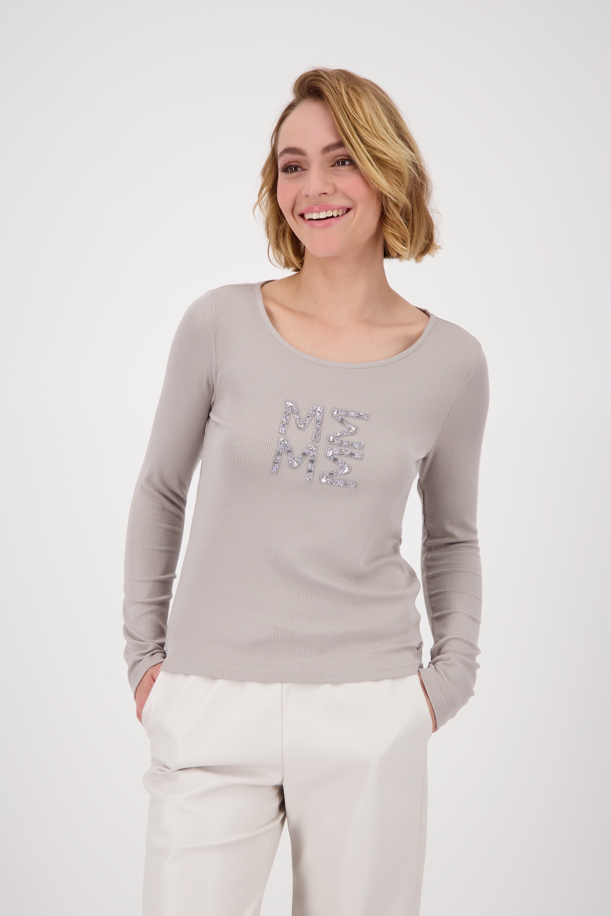Monari Langarmshirt »Shirt Rippe + Schmuck« Mit Rundhalsausschnitt