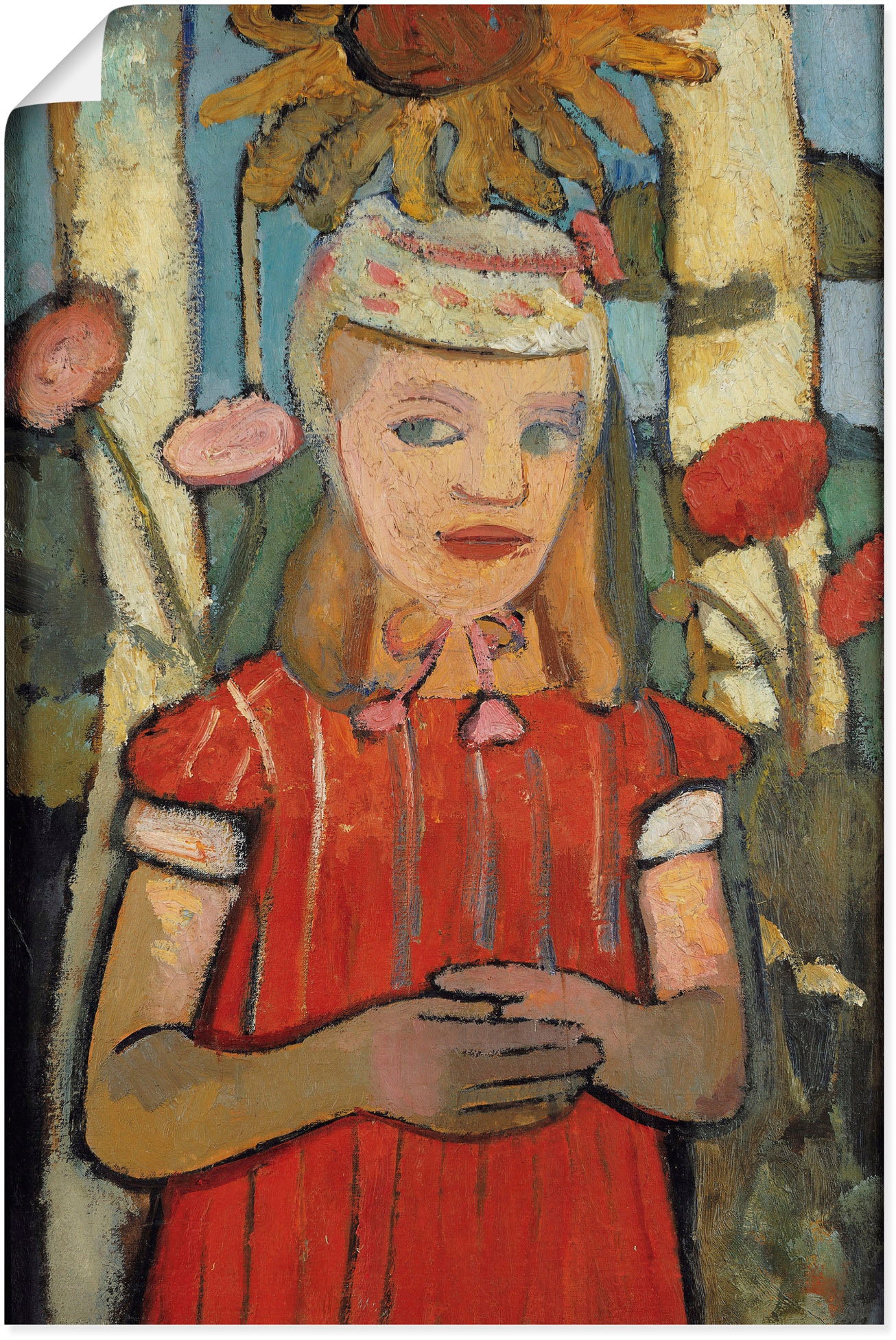 Artland Kunstdruck »Mädchen in rotem Kleid vor Sonnenblume.«, Bilder von Kindern, (1 St.), als Alubild, Leinwandbild, Wandaufkleber oder Poster in versch. Grössen