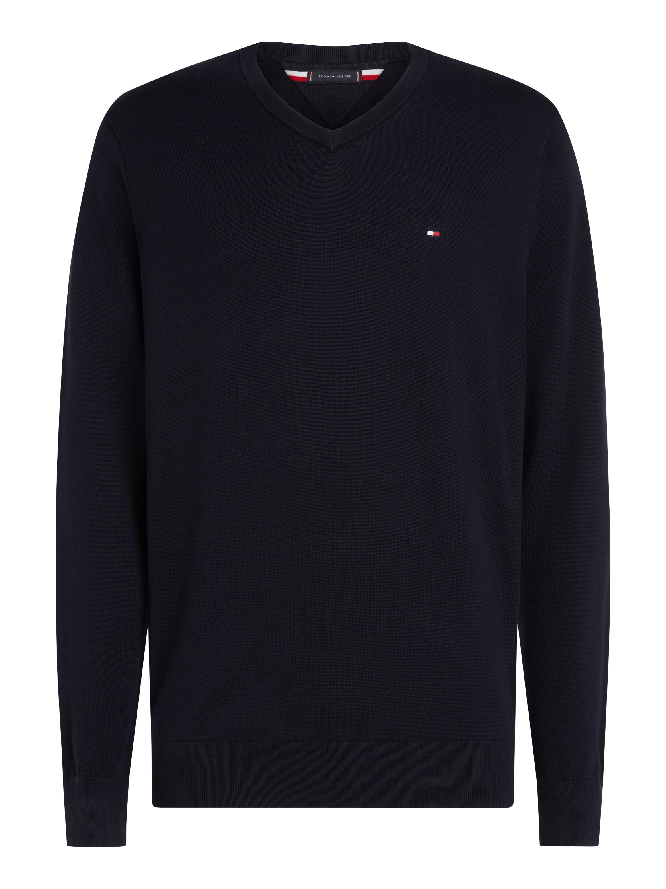 Tommy Hilfiger Strickpullover »ESSENTIAL COTTON V NECK mit V-Ausschnitt und Stickerei«, unifarben, casual, regular fit, Baumwolle, V-Ausschnitt