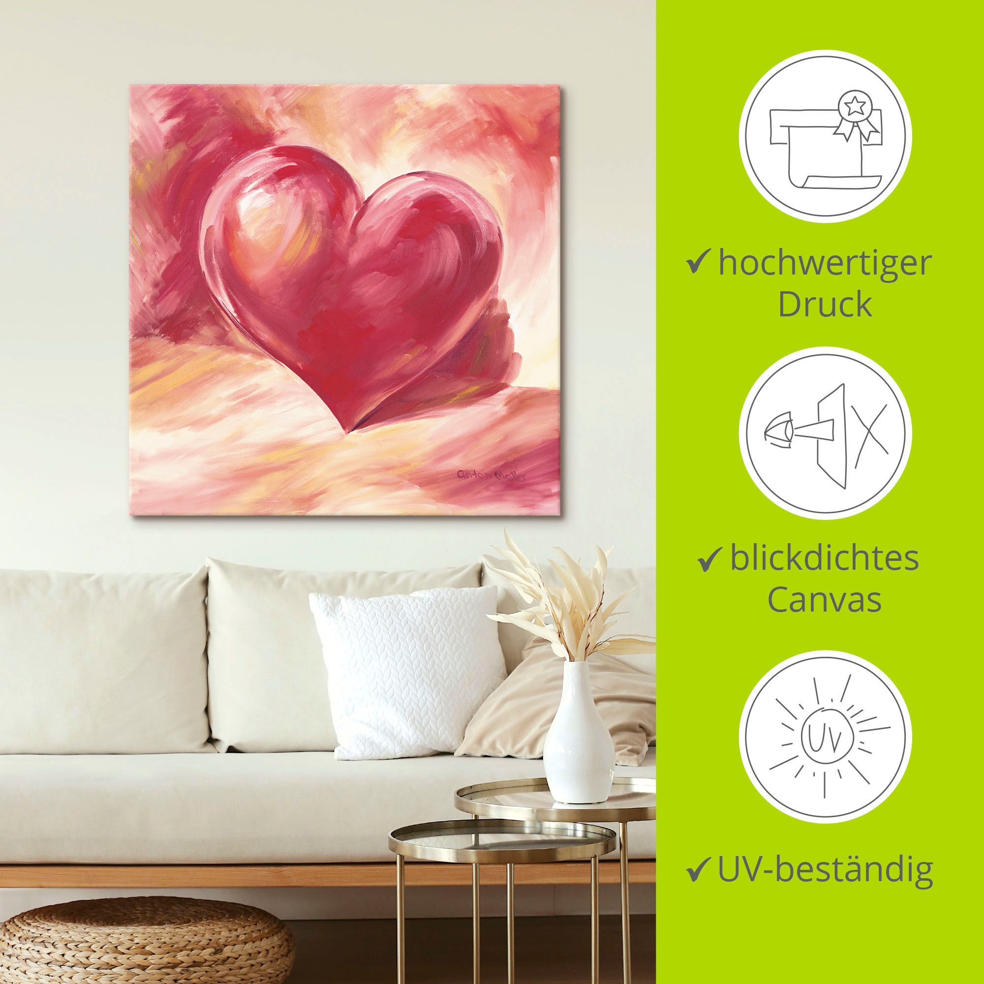 Artland Wandbild »Rosa/rotes Herz«, Herzen, (1 St.), als Alubild, Outdoorbild, Leinwandbild, Poster, Wandaufkleber