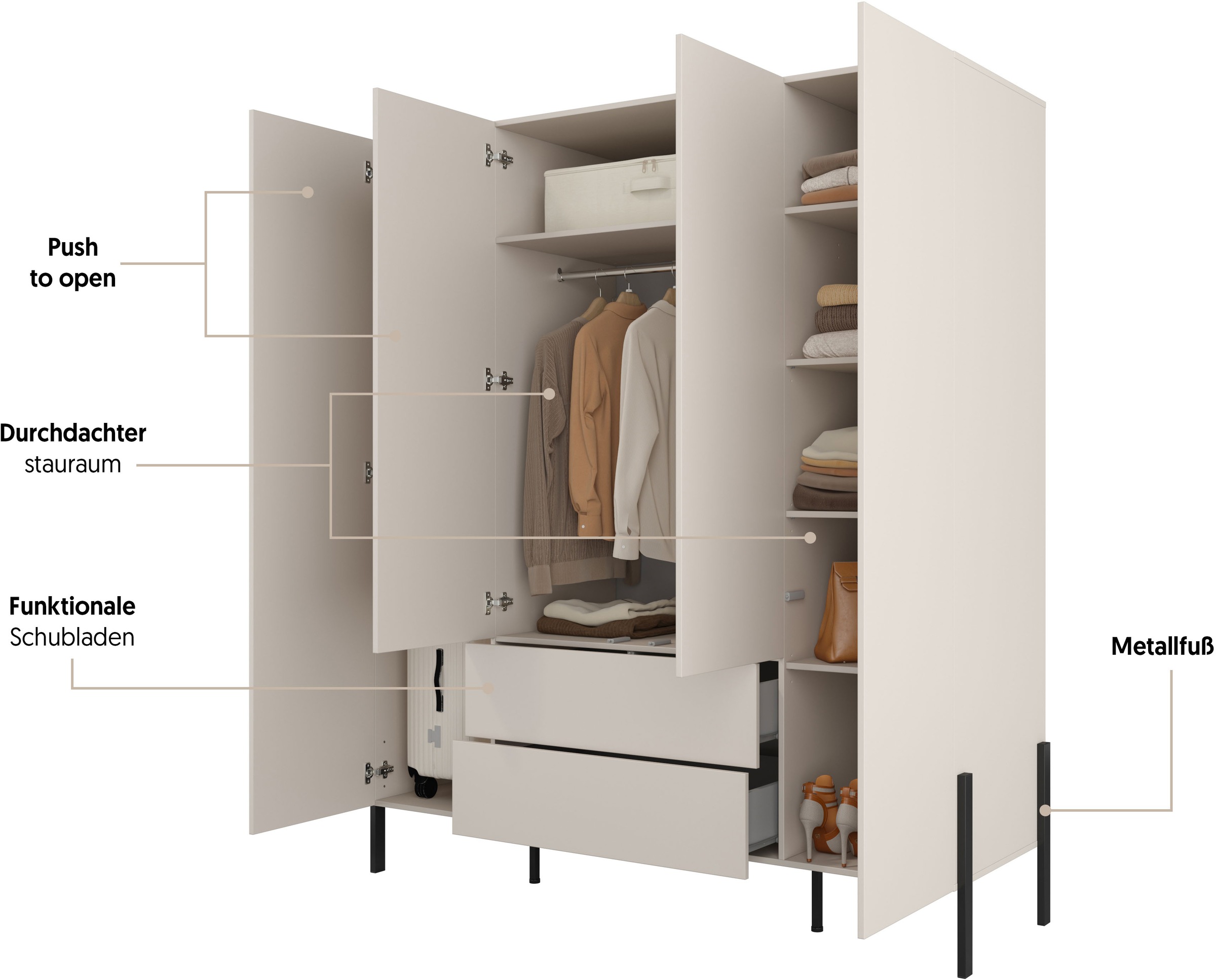 Home affaire Drehtürenschrank »Jukon, moderner Kleiderschrank mit Metallfüssen«, (B/H/T 3-Türer: ca. 135/210/60 4-Türer ca: 180/210/60), Drehtürenschrank 4 Türen/2 Schubkästen, push to open Funktion