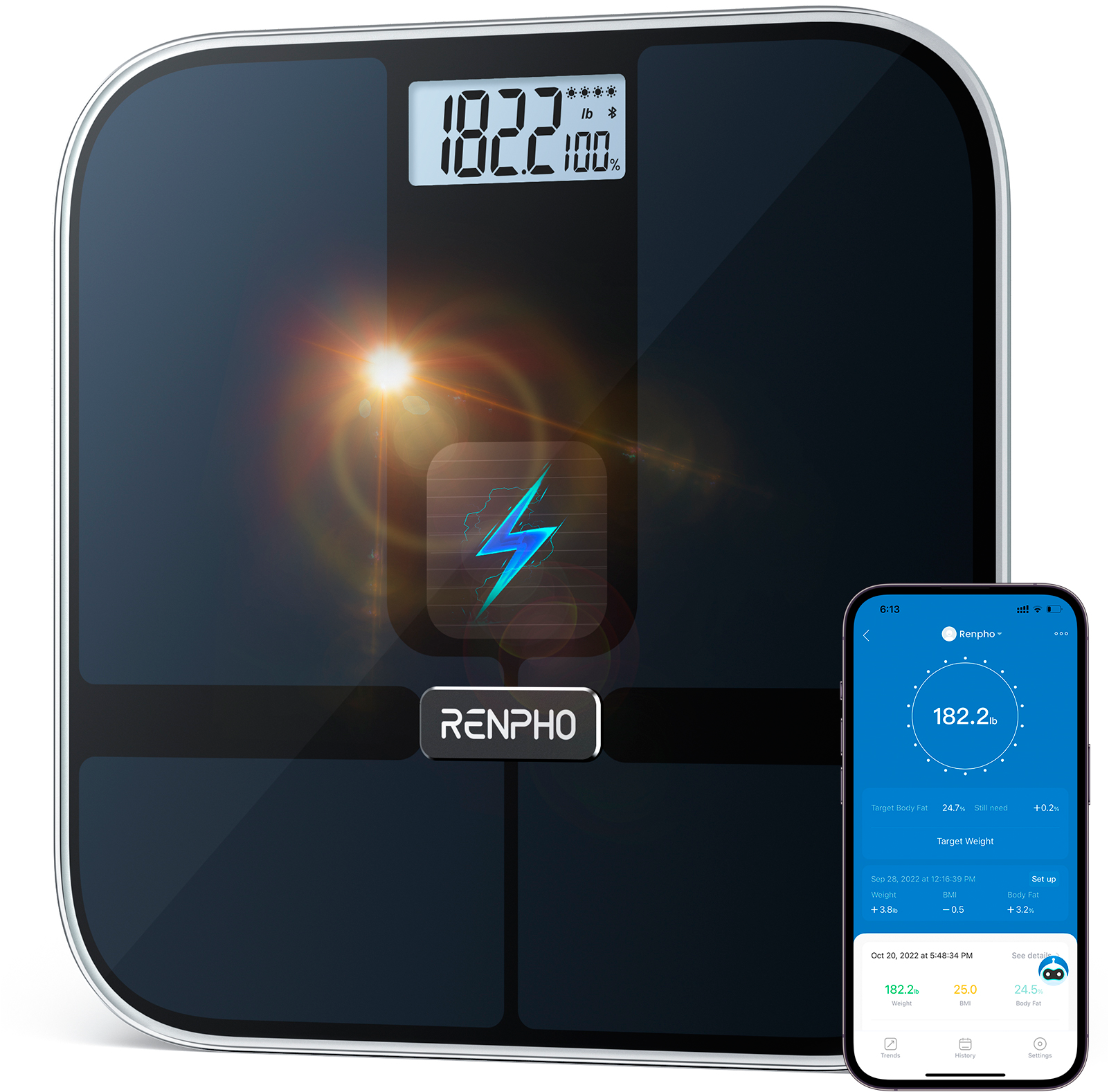 Renpho Körper-Analyse-Waage »Elis Solar 2 Smart Body Scale A020« Smarte Solar-Körperanalysewaage mit 13 Körpermessungen
