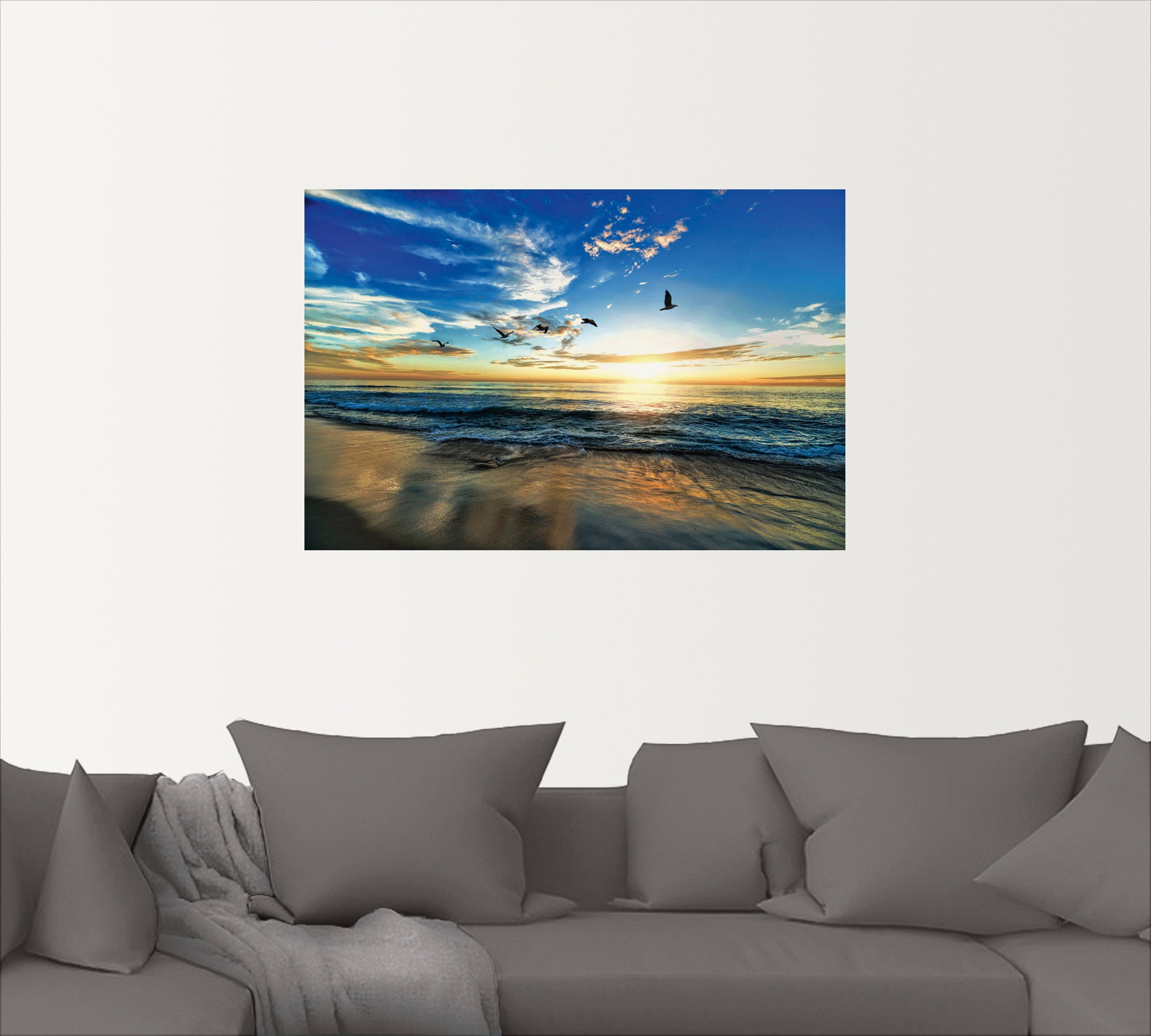 Artland Wandbild »Strand Möwen Meer Sonnenuntergang«, Sonnenaufgang & -untergang, (1 St.), als Alubild, Outdoorbild, Leinwandbild, Poster, Wandaufkleber