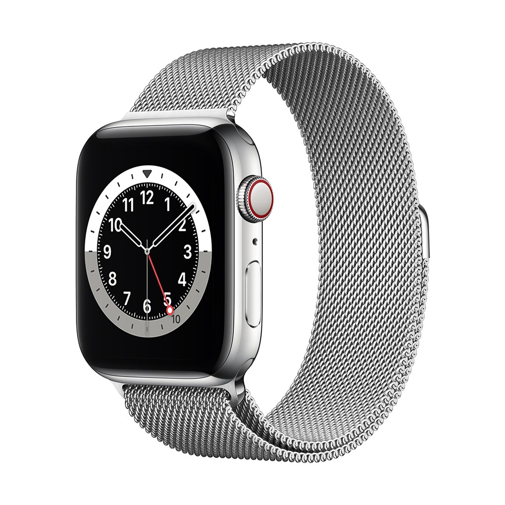 Apple Smartwatch »Serie 6, GPS, 44 mm Edelstahl-Gehäuse mit Milanaise-Armband«, (Watch OS M09E3FD/A)