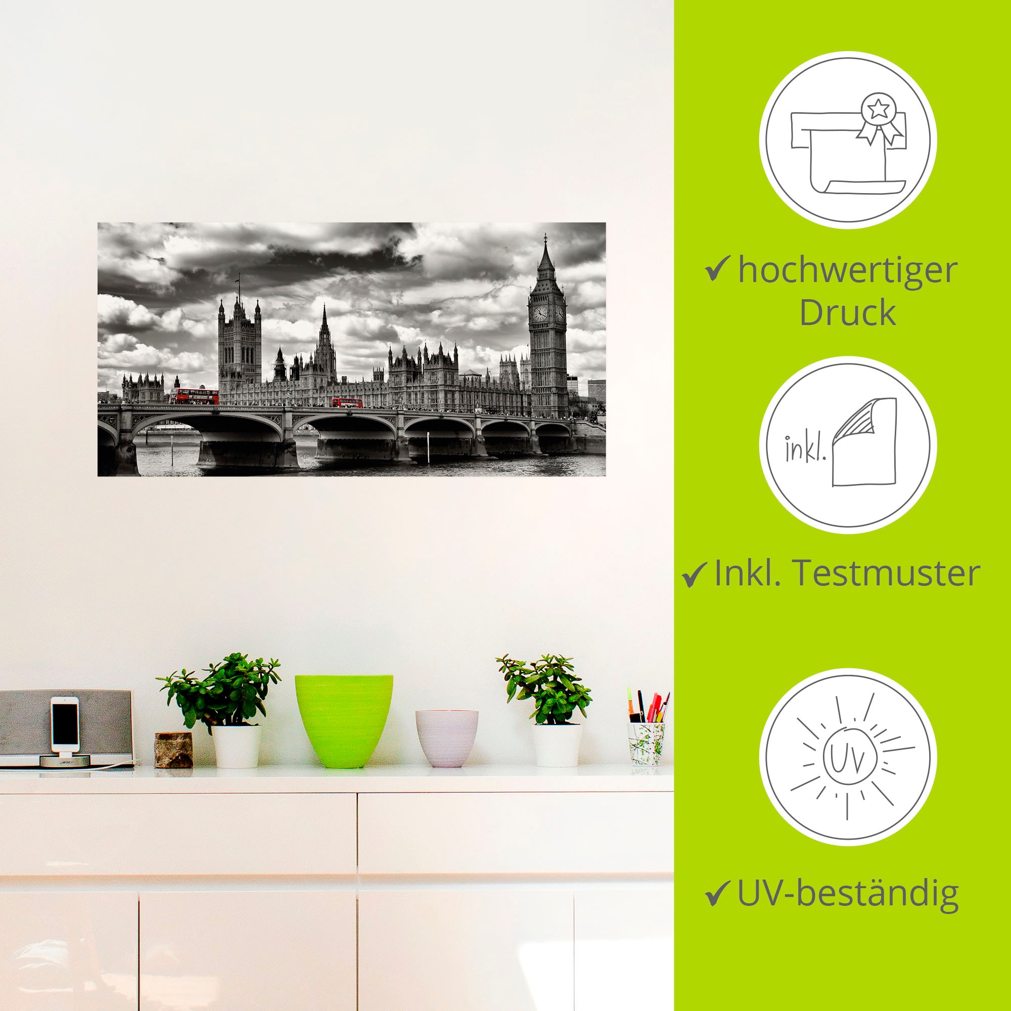 Artland Wandbild »London Westminster Bridge & Red Buses«, Grossbritannien, (1 St.), als Leinwandbild, Poster, Wandaufkleber in verschied. Grössen