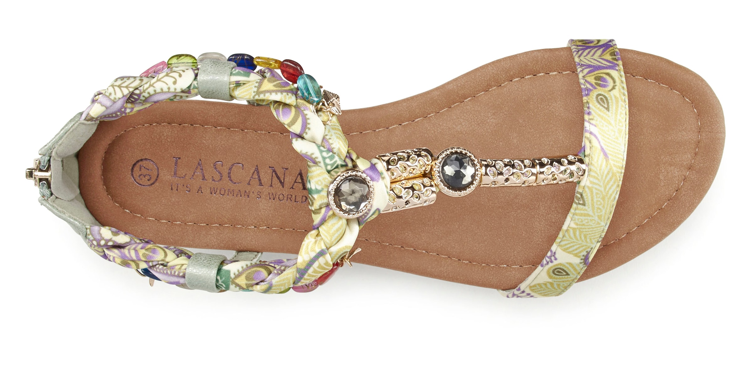 LASCANA Sandale »Sommerschuh, Sandalette,«, mit Schmuckkettchen und Schmucksteinen im Festival-Look VEGAN
