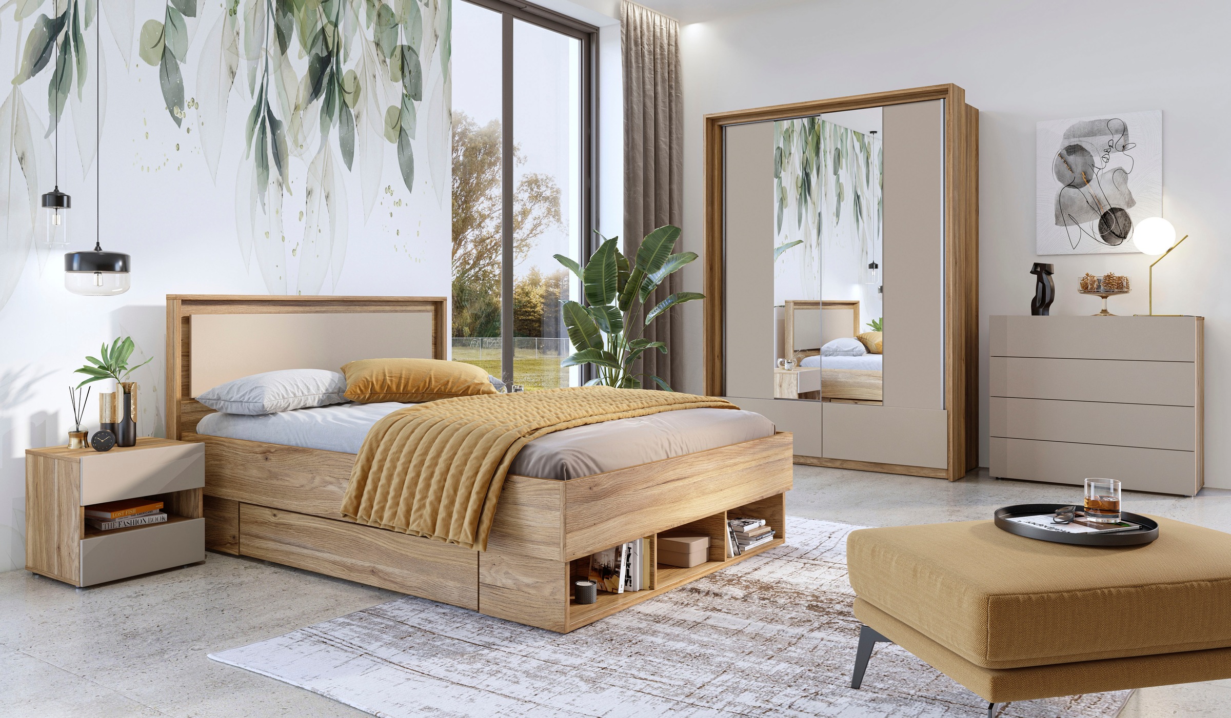 Home affaire Bettgestell »Wharton, 140, 160 oder 180cm Breite, Made in Europe«, (mit oder ohne Stauraumschubladen), Doppelbett mit offenen Regalen, FSC-zertifizierter Holzwerkstoff