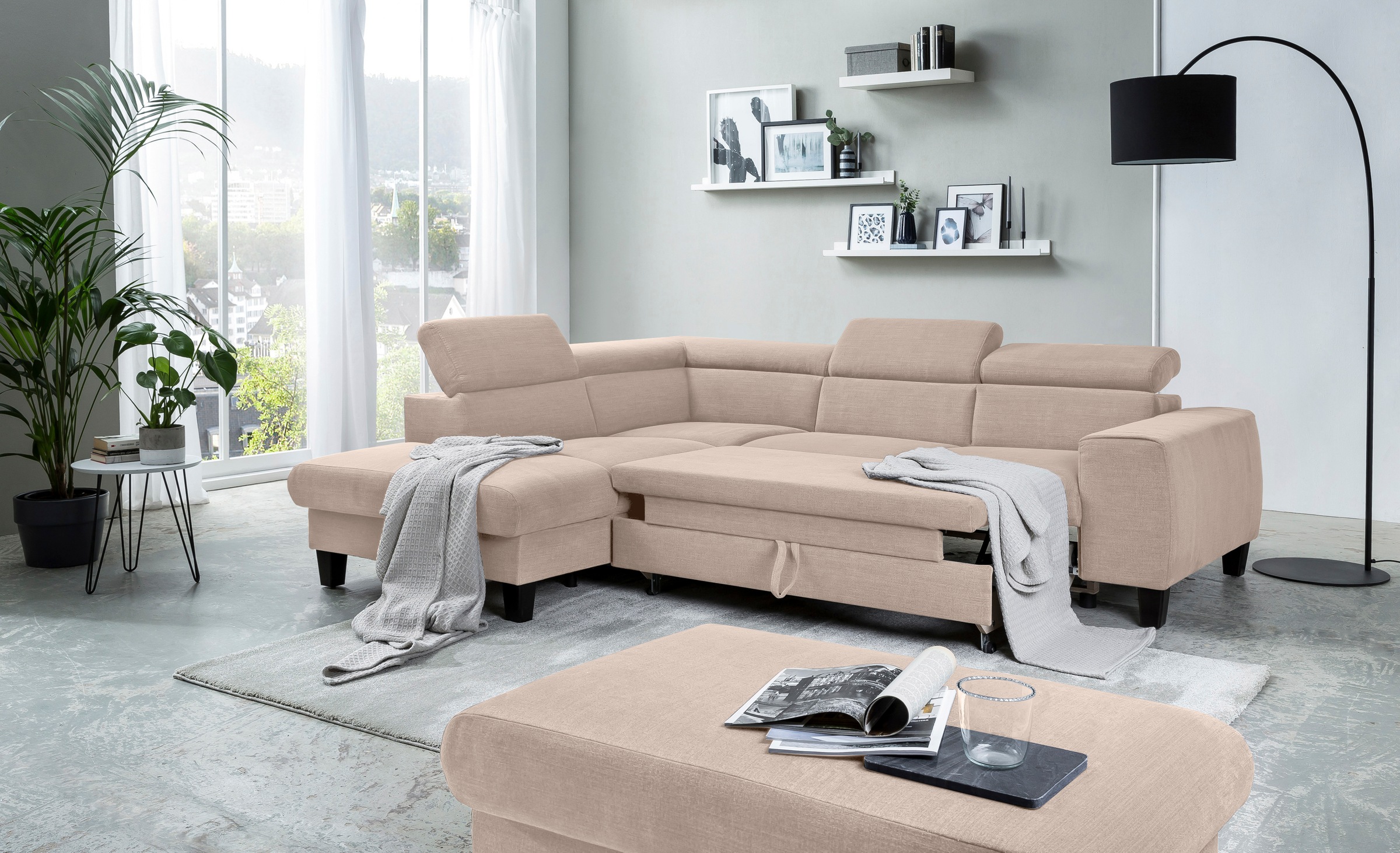COTTA Ecksofa »Morven L-Form mit Kopfteilverstellung«, wahlweise mit Bettfunktion, Bettkasten & Wireless-Charger