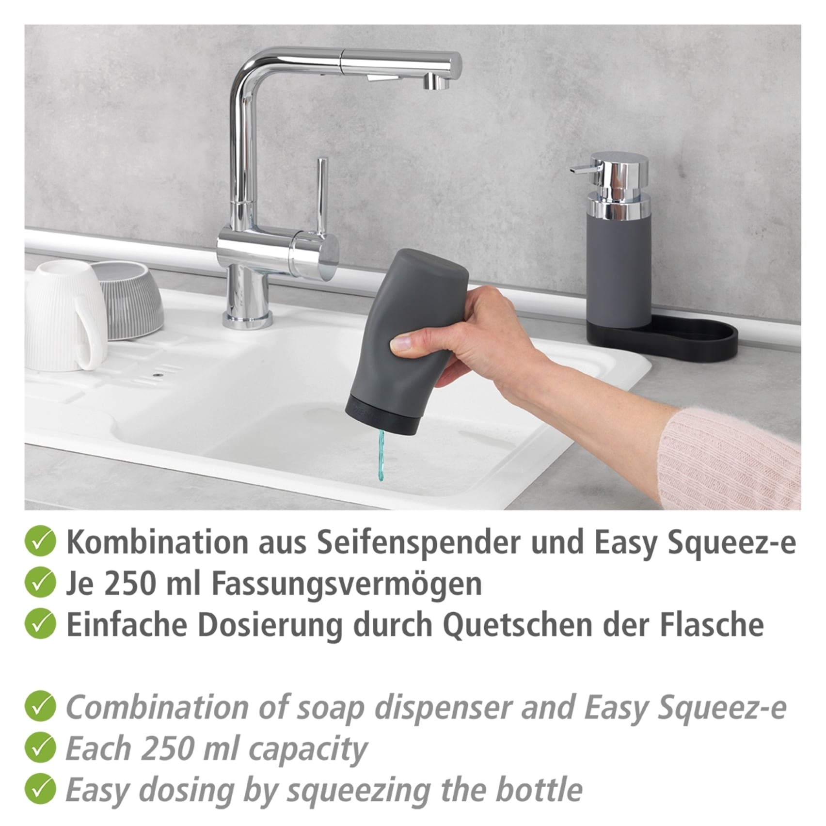 WENKO Spülmittelspender »Modell Easy Squeez-e«, Spülstation, Spülmittel- und Seifenspender aus Silikon, je 250 ml