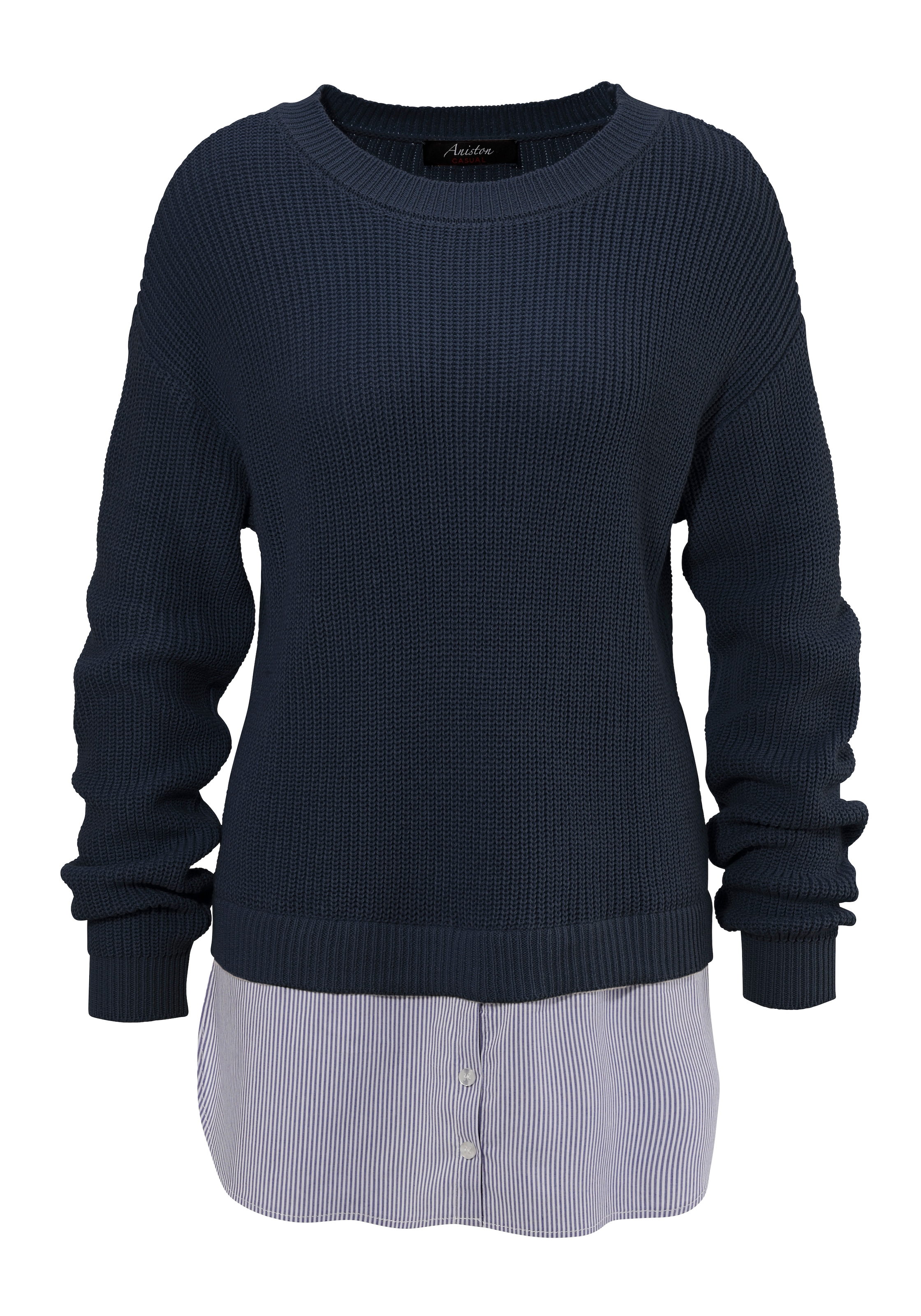 Aniston CASUAL Strickpullover, mit gestreiftem Bluseneinsatz am Saum