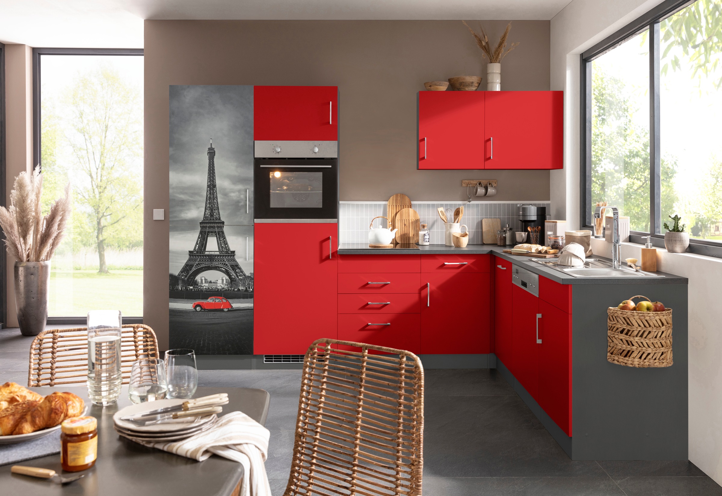 KOCHSTATION Küchenzeile "KS-Paris – Küchen mit einzigartigen Fotomotiven auf den Fronten" Stellbreite 290/220 cm, wahlweise mit E-Geräten und Induktion