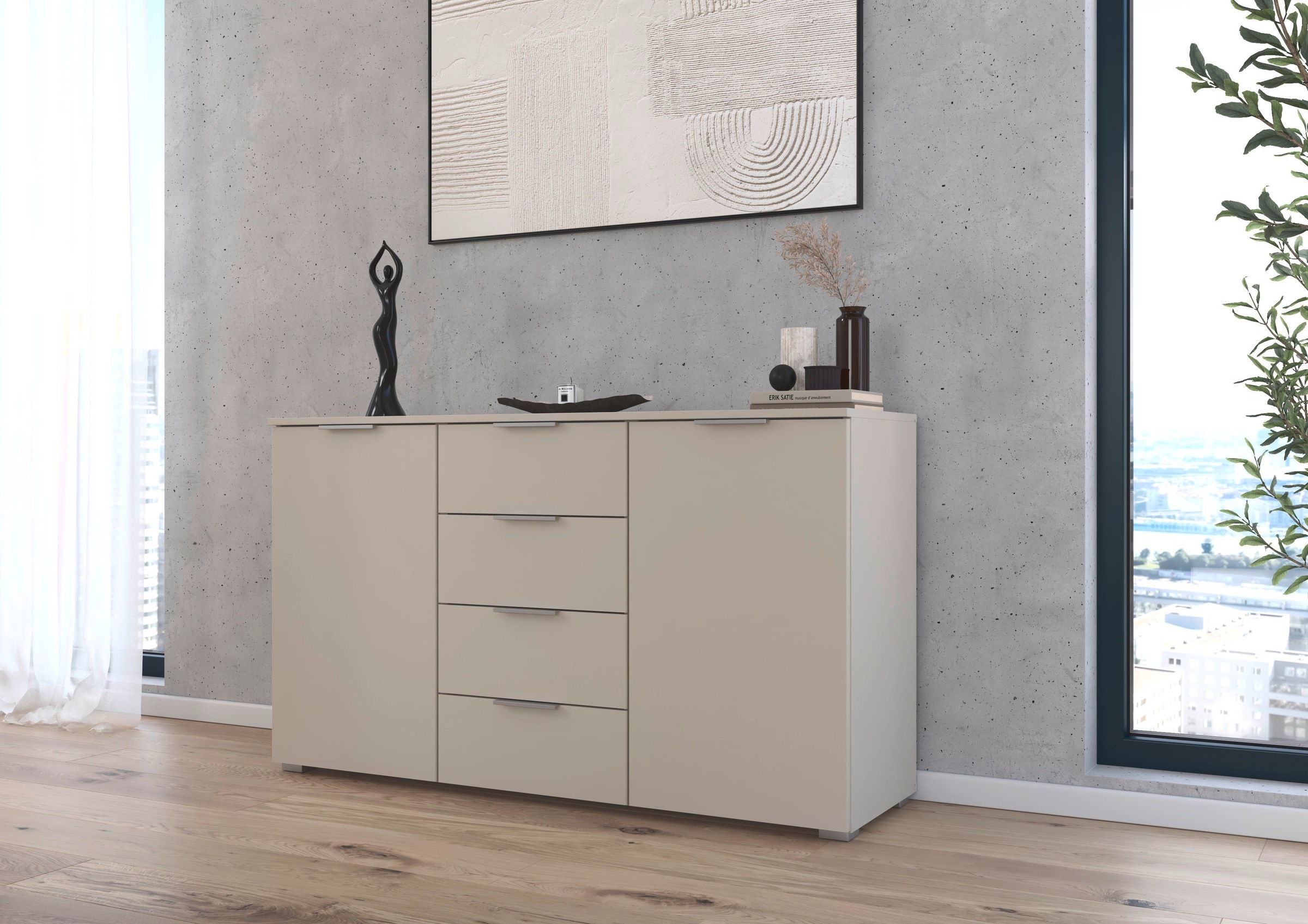 OTTO home Kombikommode "Sideboard Schubladenkommode AGORDO mit Dekor- oder Hochglanzfront" in zwei Griff-Farben, Breite 120 cm, vier große Schubladen, mit insgesamt 4 Einlegeböden MADE IN GERMANY