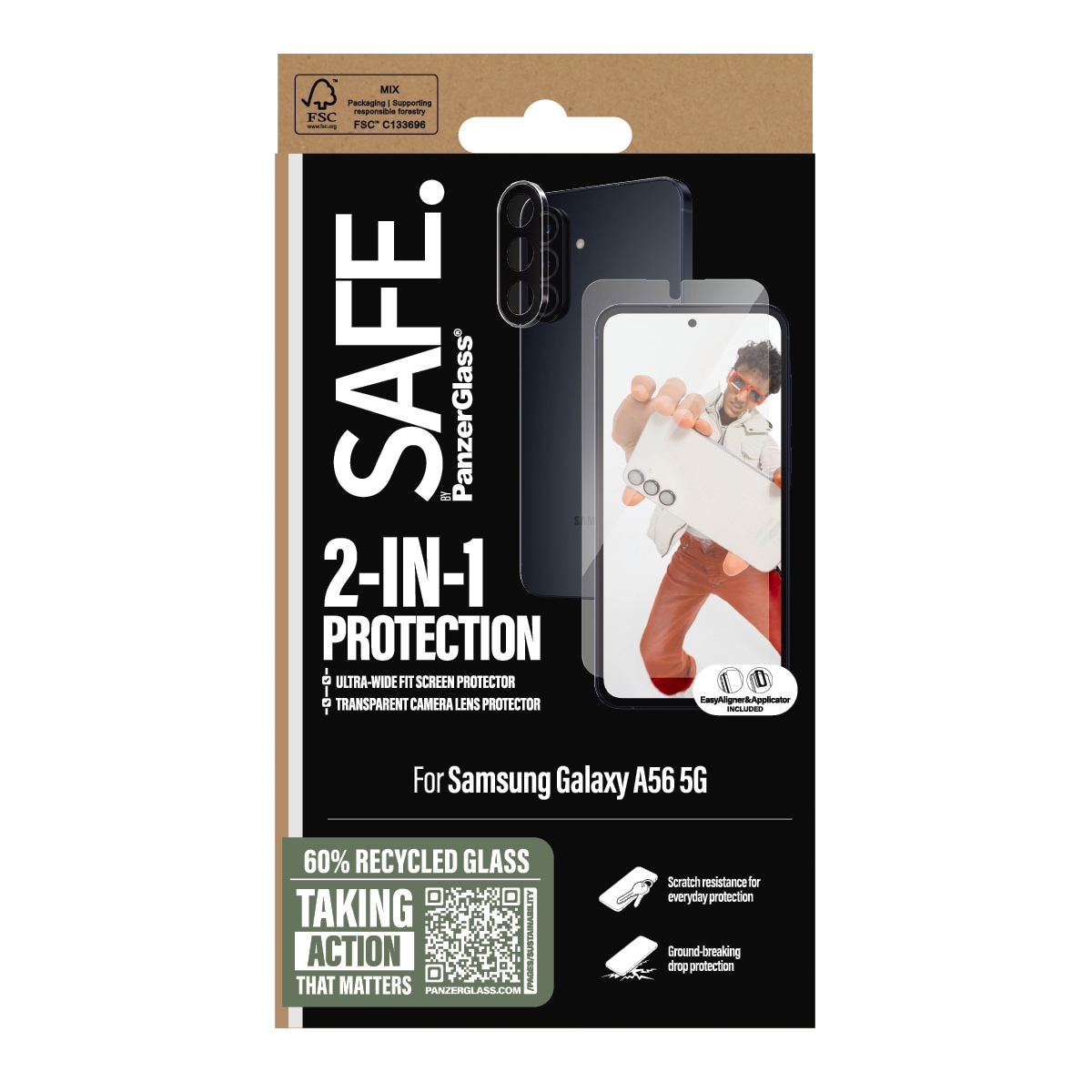 SAFE by PanzerGlass Displayschutzglas »2-in-1 Protection Ultra-Wide Fit Screen + Camera Lens Protection«, für Samsung Galaxy A56 5G, Displayschutzfolie, Schutzfolie, Bildschirmschutz, kratz- & stossfest