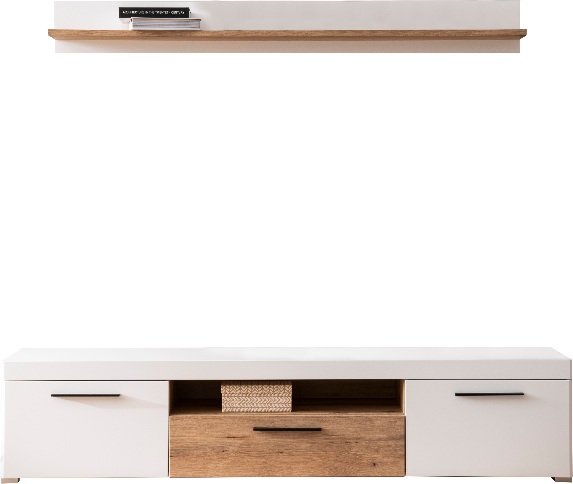 INOSIGN Wohnwand »Salerno, moderne Anbauwand, Wohnzimmer-Set, Weiss mit Eiche Evoke Dekor«, (Set, 2 St.), enthält Lowboard + Wandboard, Metallgriffe, 205 cm breit