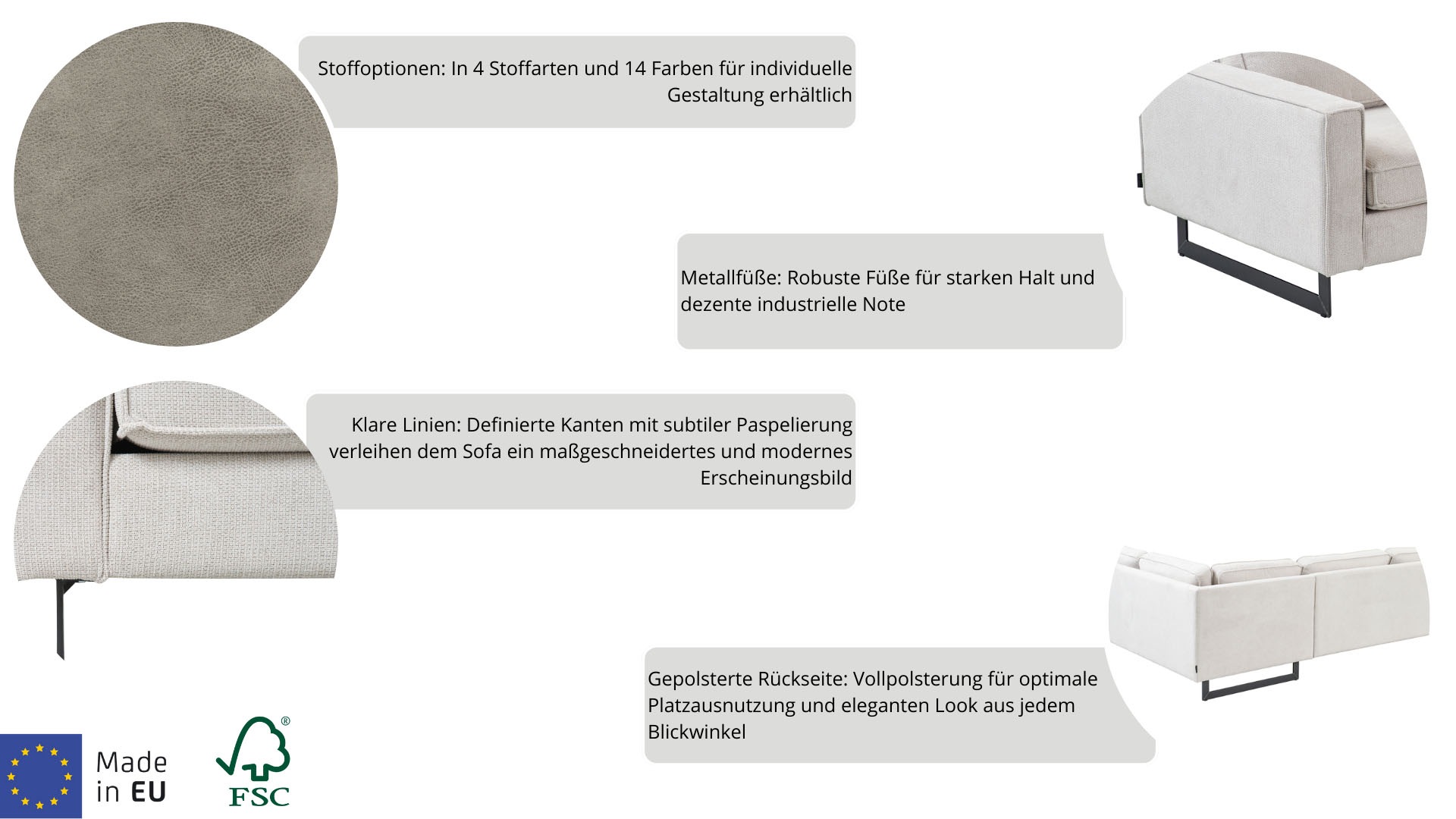 Places of Style Ecksofa »Pinto, XXL, 250/290 cm, langer Schenkel, Ottomane«, Cord, Chenille, Lederoptik, mit Keder, Metallfüsse, Wellenunterfederung