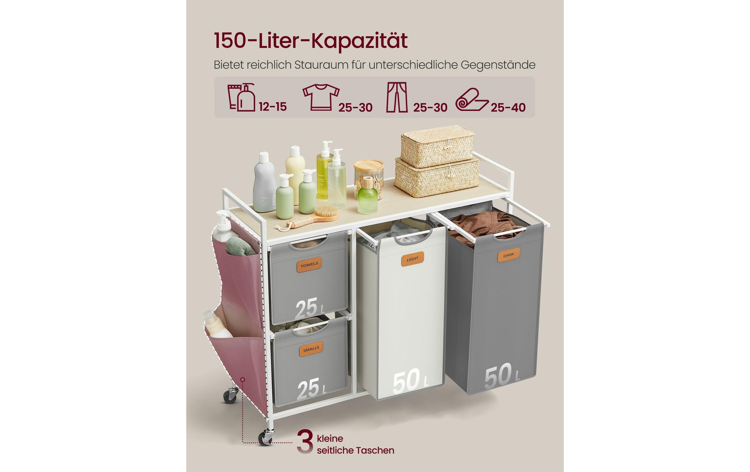 VASAGLE Wäschekorb »mit 4 Körben 150 l«