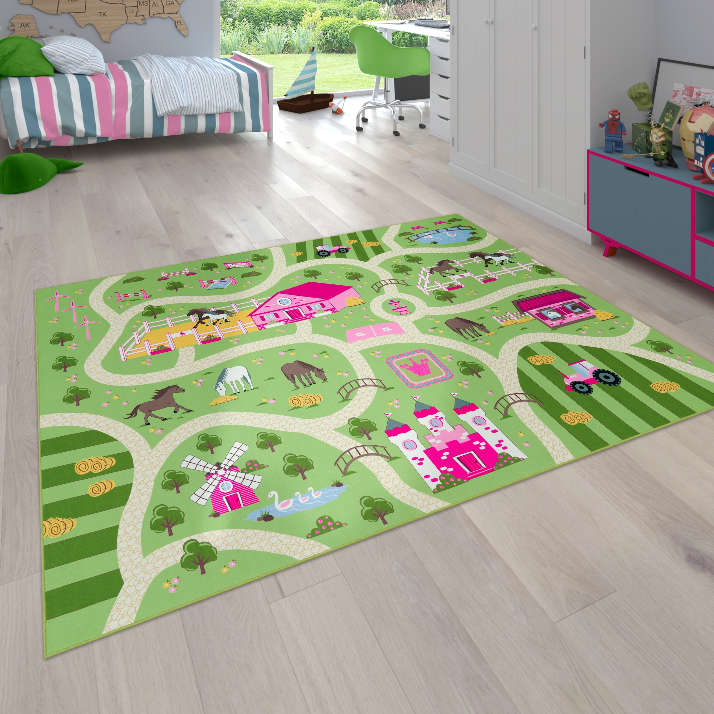 Paco Home Kinderteppich »Bino 560«, rechteckig, Kurzflor, Strassen-Spiel-Teppich, Motiv Bauernhof, Kinderzimmer