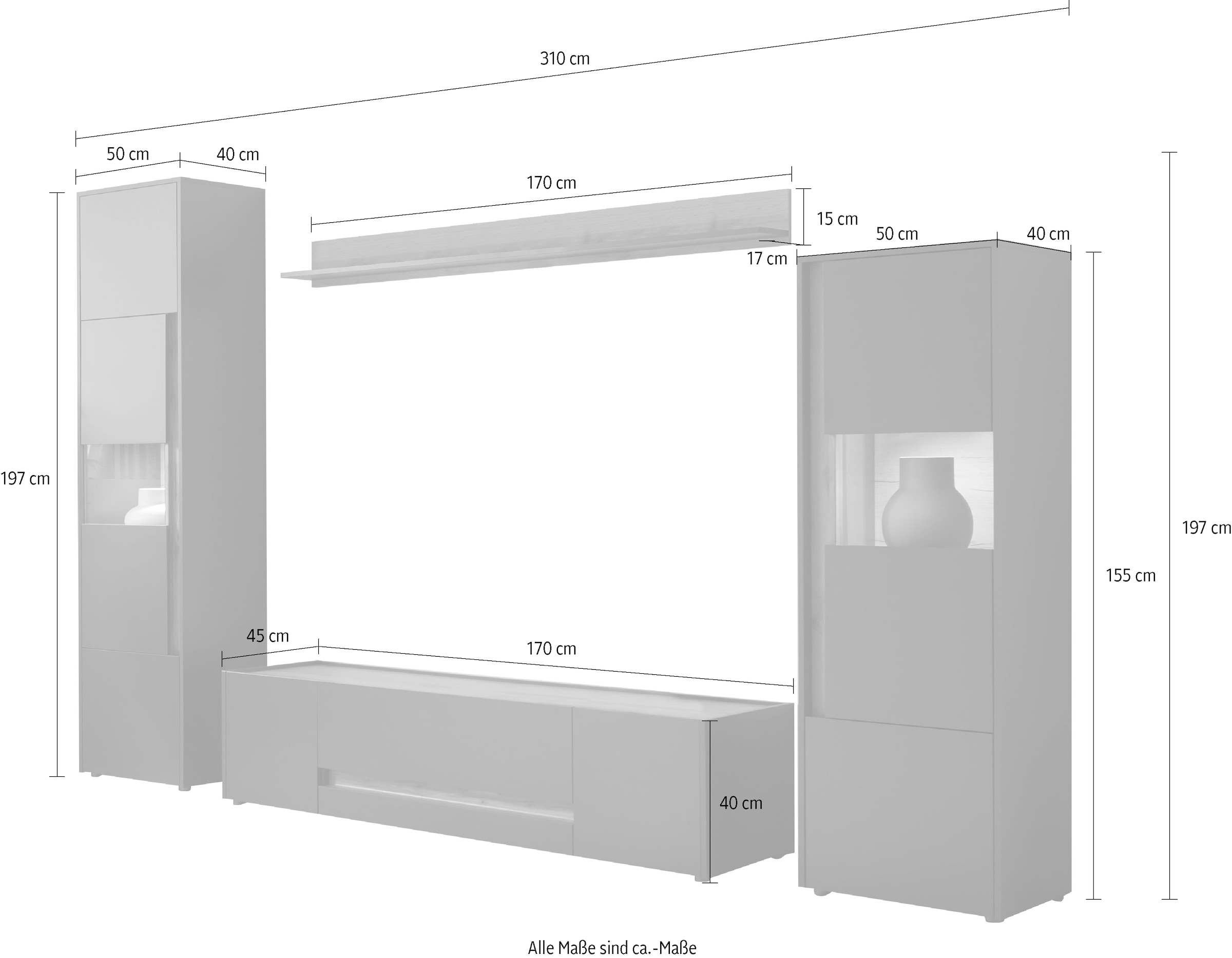 INOSIGN Wohnwand »City/Giron, moderne Anbauwand, Komplettset in vielen Farben verfügbar«, (Set, 4 St.), enthält zwei Vitrinen, ein Lowboard & ein Wandboard