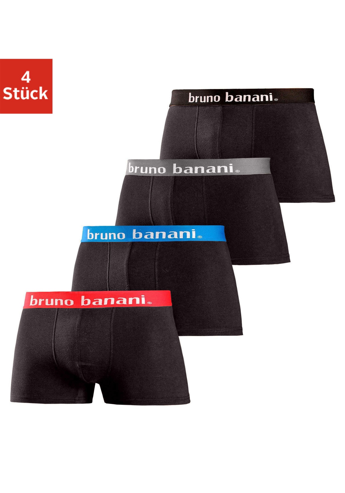 Bruno Banani Hipster Packung, 4 Stk. knapp sitzende Boxershorts in uni oder gemustert aus Baumwollmischung
