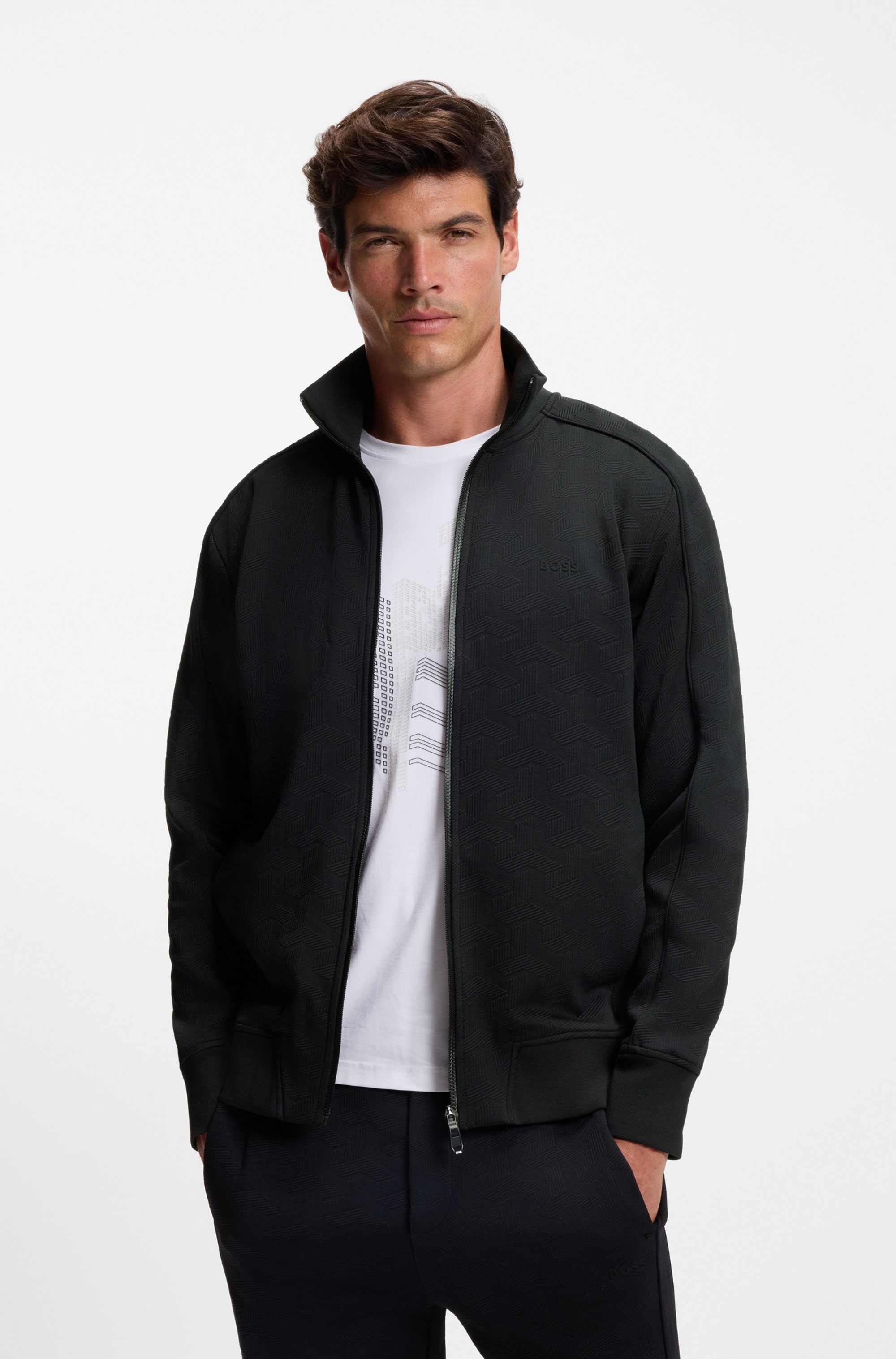 BOSS GREEN Sweatjacke »Mirror« Flachstrickkragen, regular fit, Reissverschluss, gesteppter Jacquard