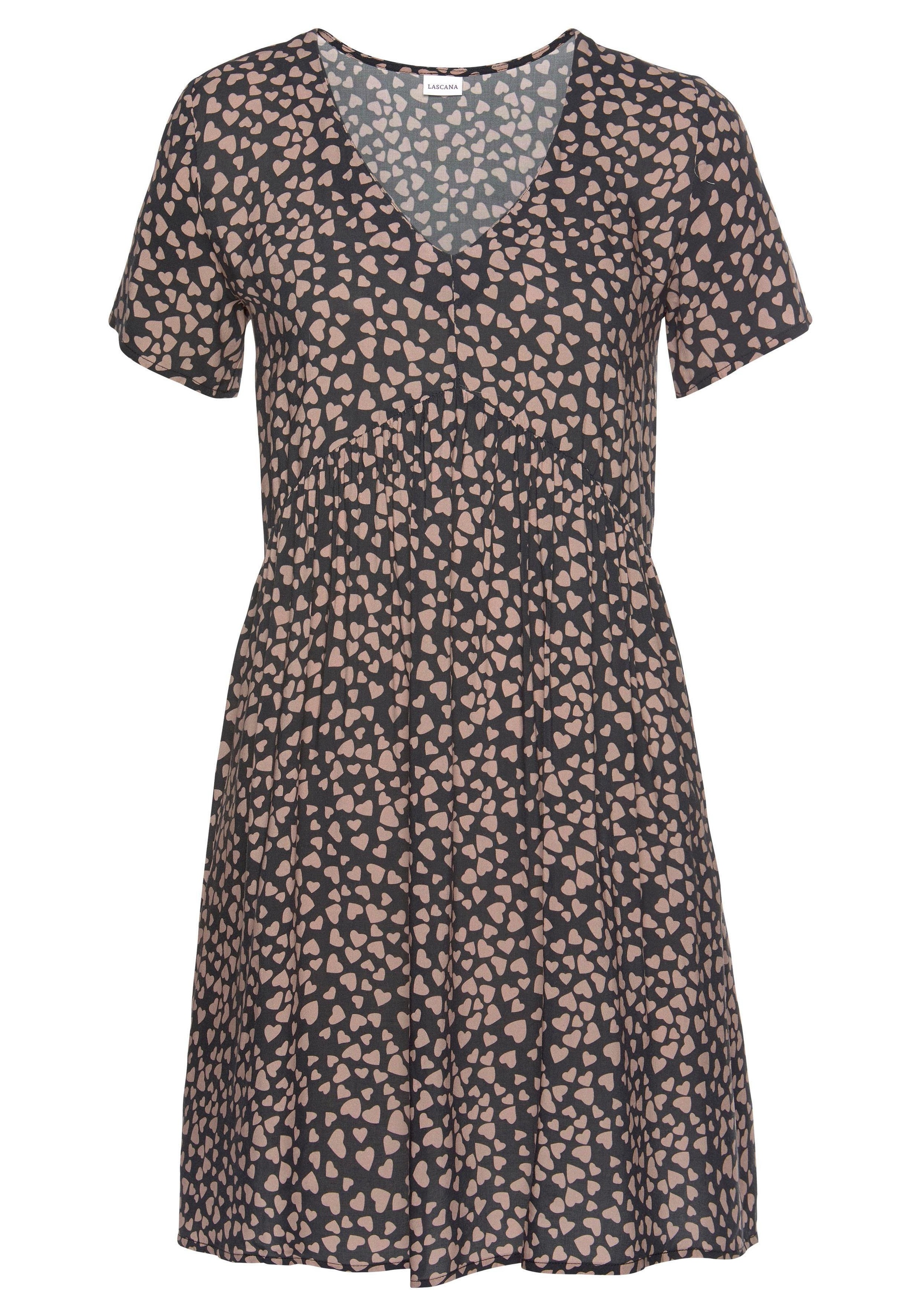 LASCANA Blusenkleid "mit Herzchenprint, lockeres Webkleid, Minikleid" Ohne Taschen luftiges Sommerkleid, Strandkleid aus Webware, leichtes Tunikakleid