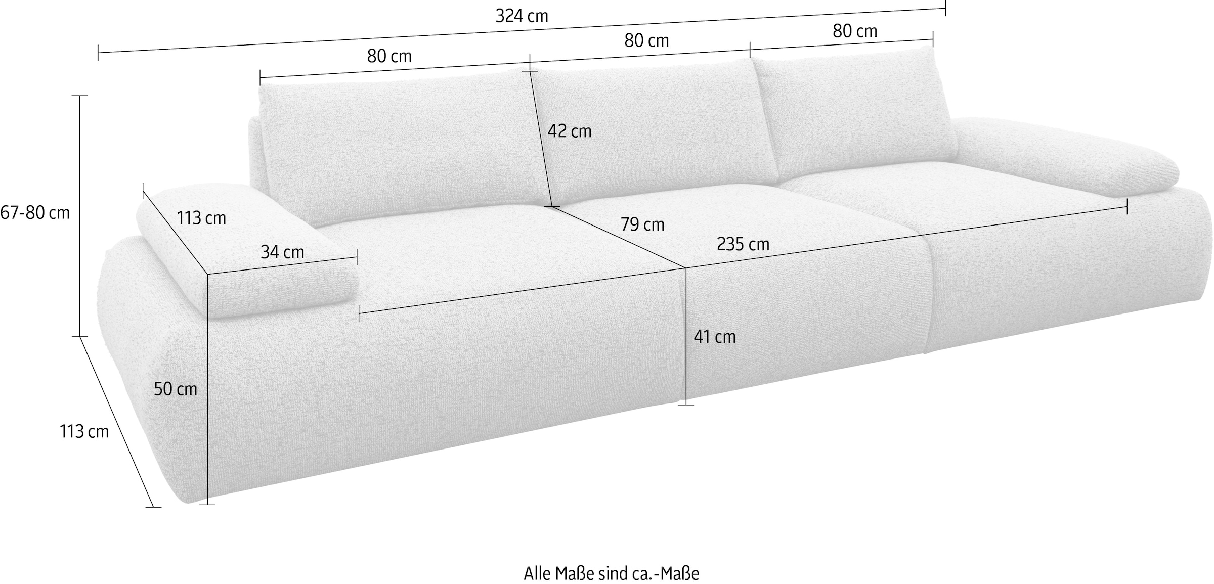 DOMO collection Big-Sofa »Évora Megasofa Breite 324 cm«, (3 St.), Federkern, inkl. Armlehnenverstellung, Struktur grob, rust
