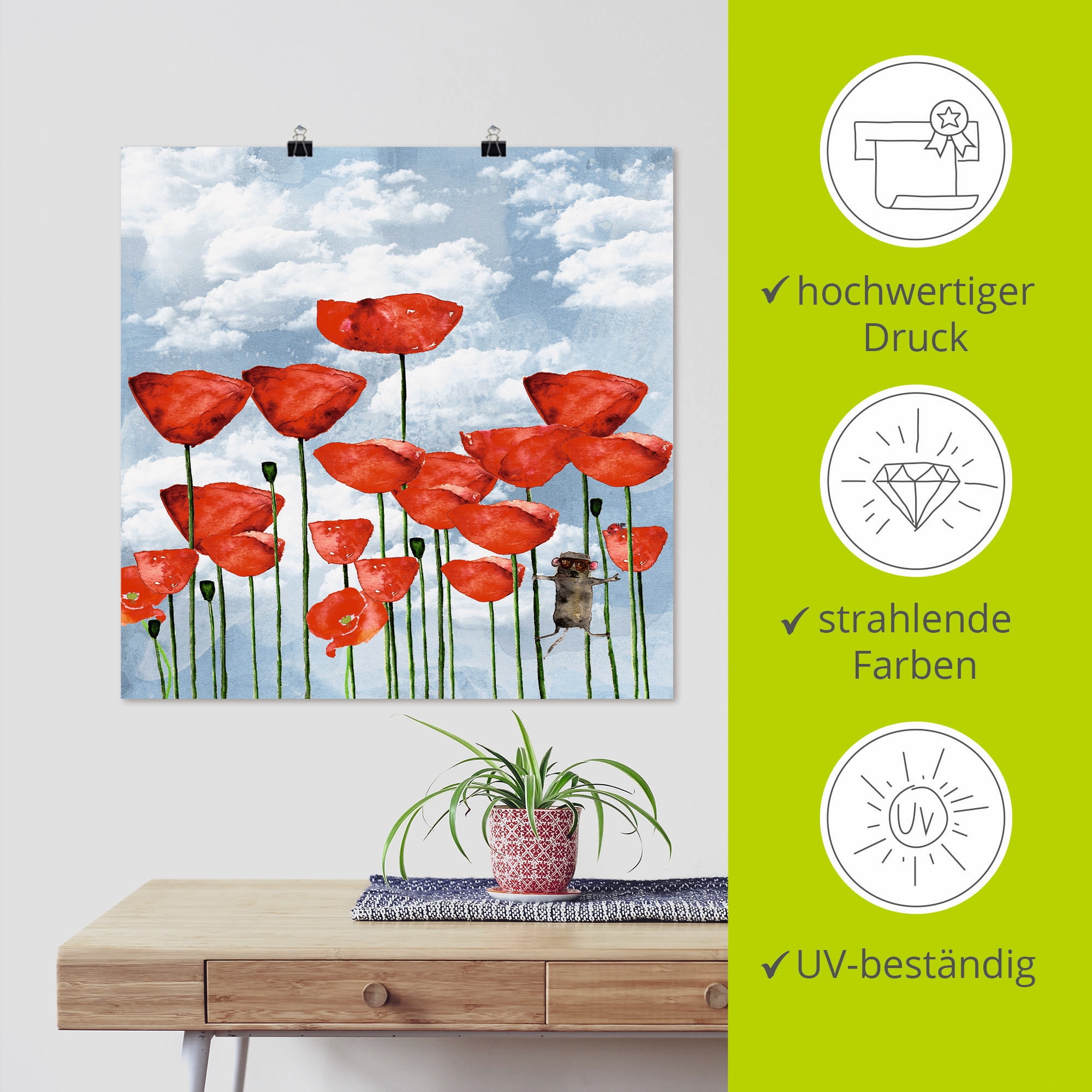 Artland Poster »Maus im Mohnfeld an einem bewölkten Tag«, Blumen, (1 St.), als Alubild, Leinwandbild, Wandaufkleber oder Poster in versch. Grössen