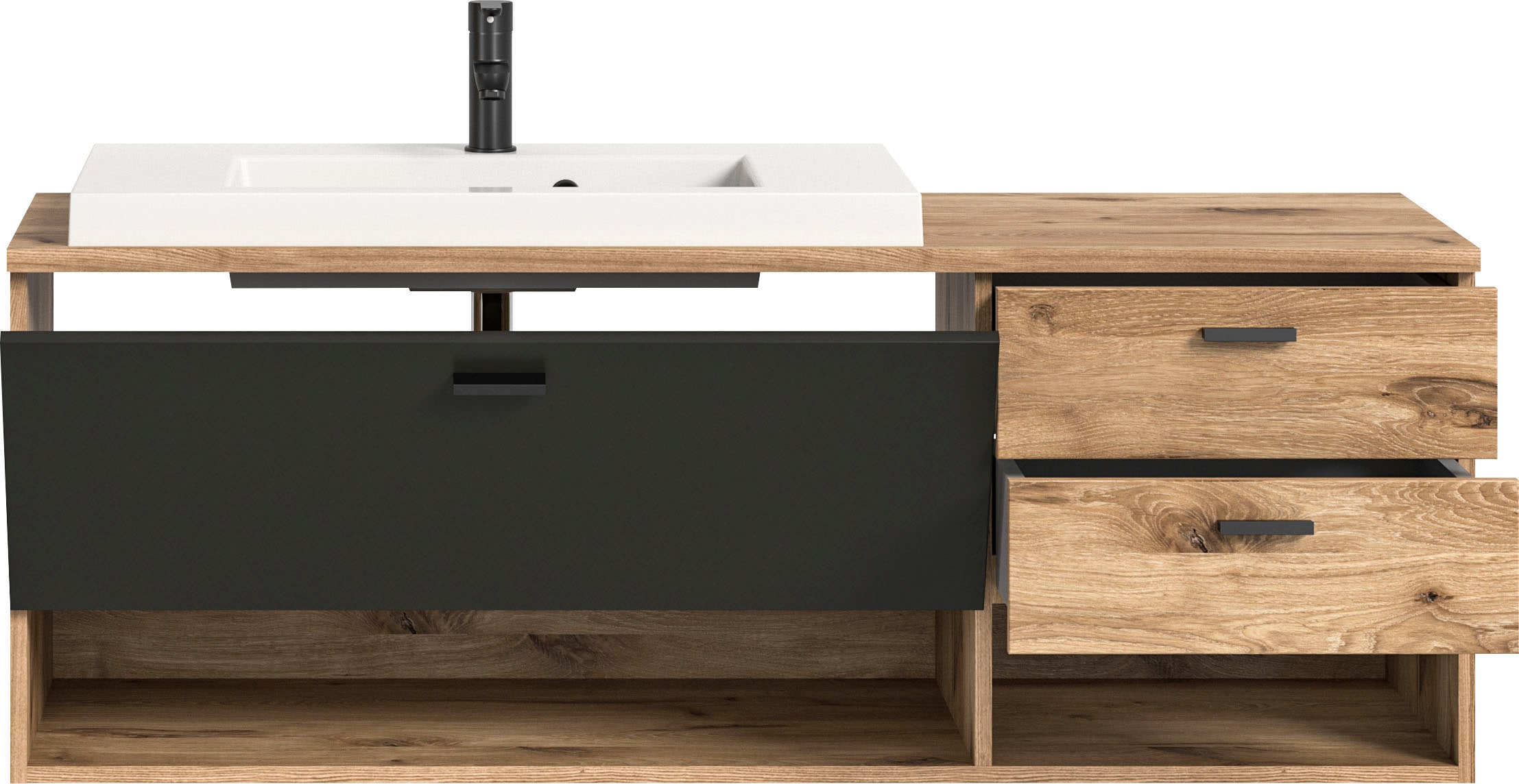 welltime Waschbeckenunterschrank »Dolo, Breite 138 cm, inkl. Aufsatzwaschbecken, 2 Schubkästen, 1 Klappe«, (2 St.), Hängeschrank, Unterschrank, Badmöbel, Badschrank, Schrank, Bad