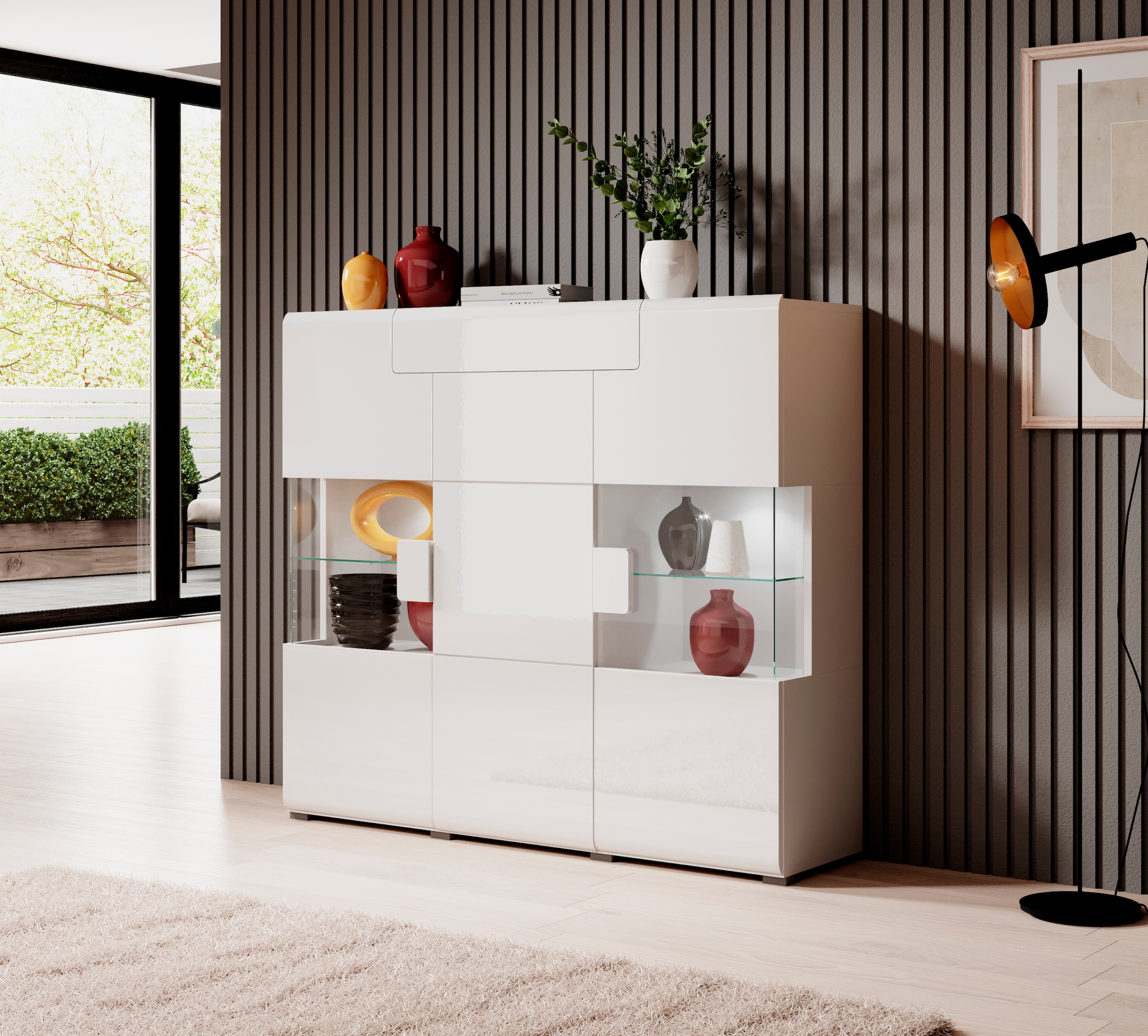 INOSIGN Highboard »Toledo,Breite 147,5cm,trendige Hochkommode mit 3Türen und Schublade«, Hochschrank mit Glas-Partien,stylische Hochglanzfronten