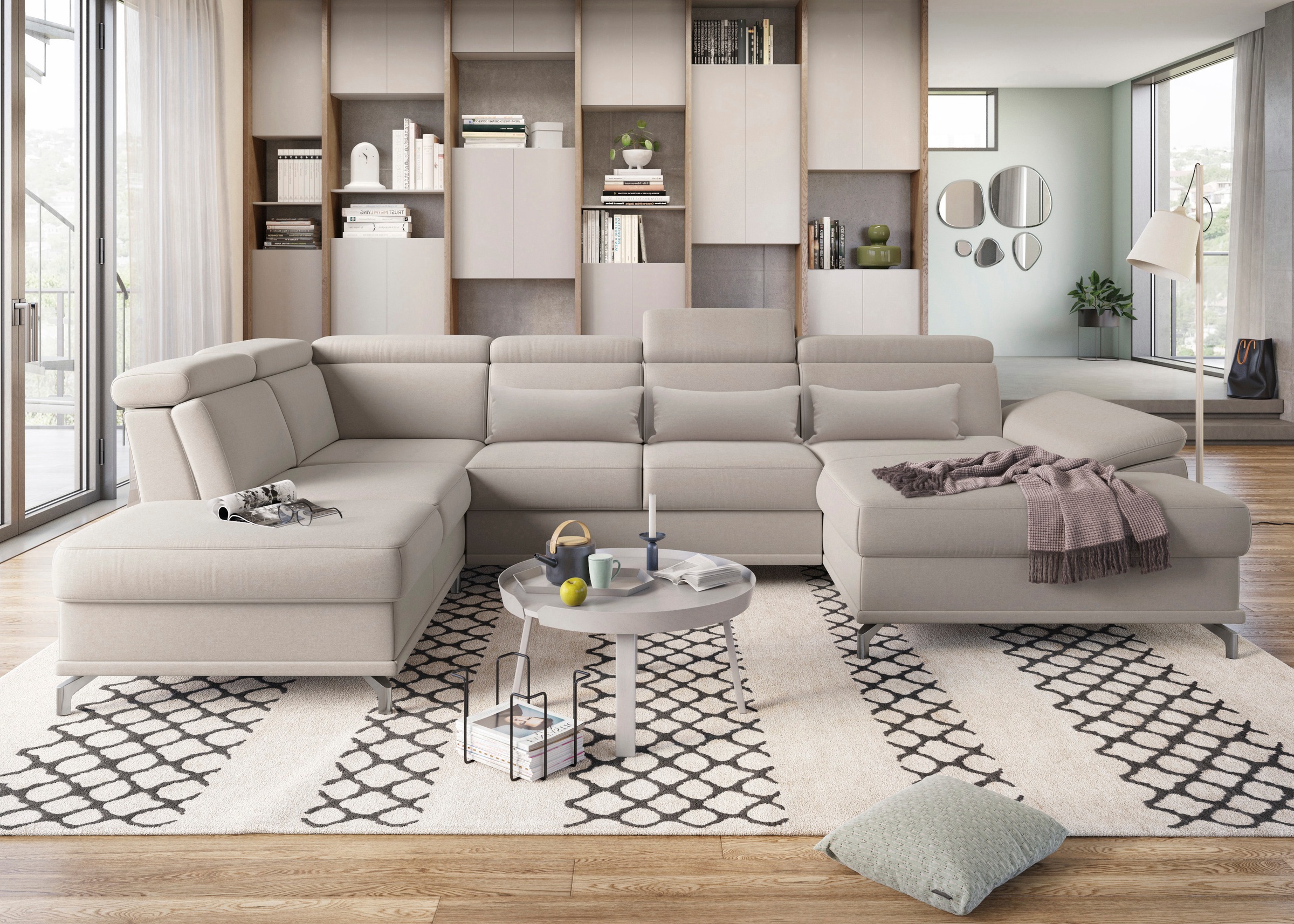 sit&more Wohnlandschaft "Cabrio U-Form, B: 359 cm, mit Sitztiefen-, Arm- & Kopfteilverstellung" 3 Nierenkissen, Federkern, optional Schlaffunktion und Stauraum