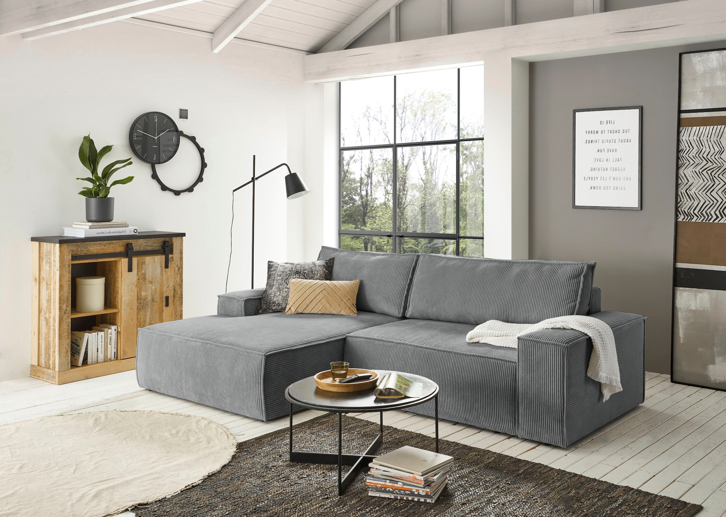 Home affaire Ecksofa SHERWOOD Schlafsofa 267 cm, L-Form, Schlaffunktion mit Bettkasten (210x136 cm), Cord, Vintage, Samtvelours