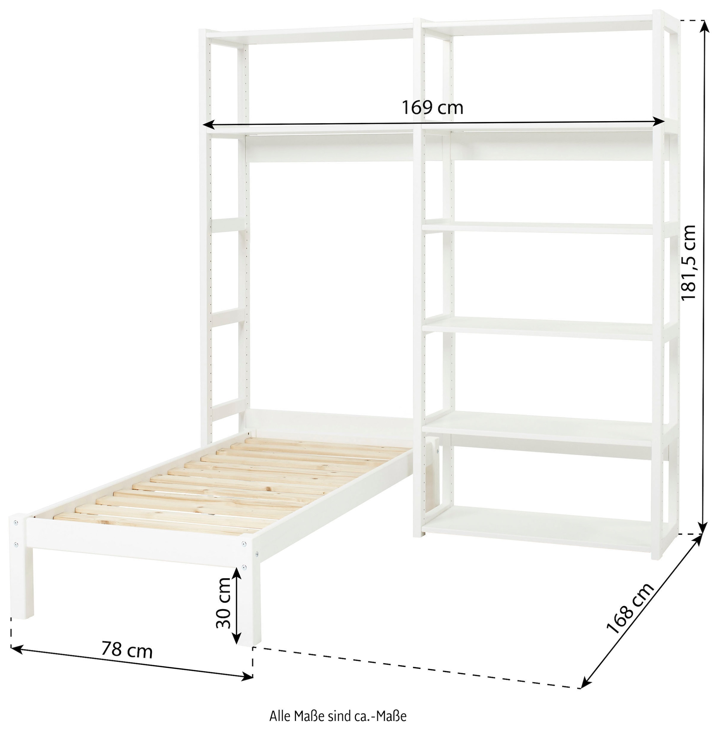 Hoppekids Jugendzimmer-Set »STOREY«, (Set, 16 tlg., Kinderbett, Rollrost, Schaummatratze, Regalsystem, 8 Einlegeböden)