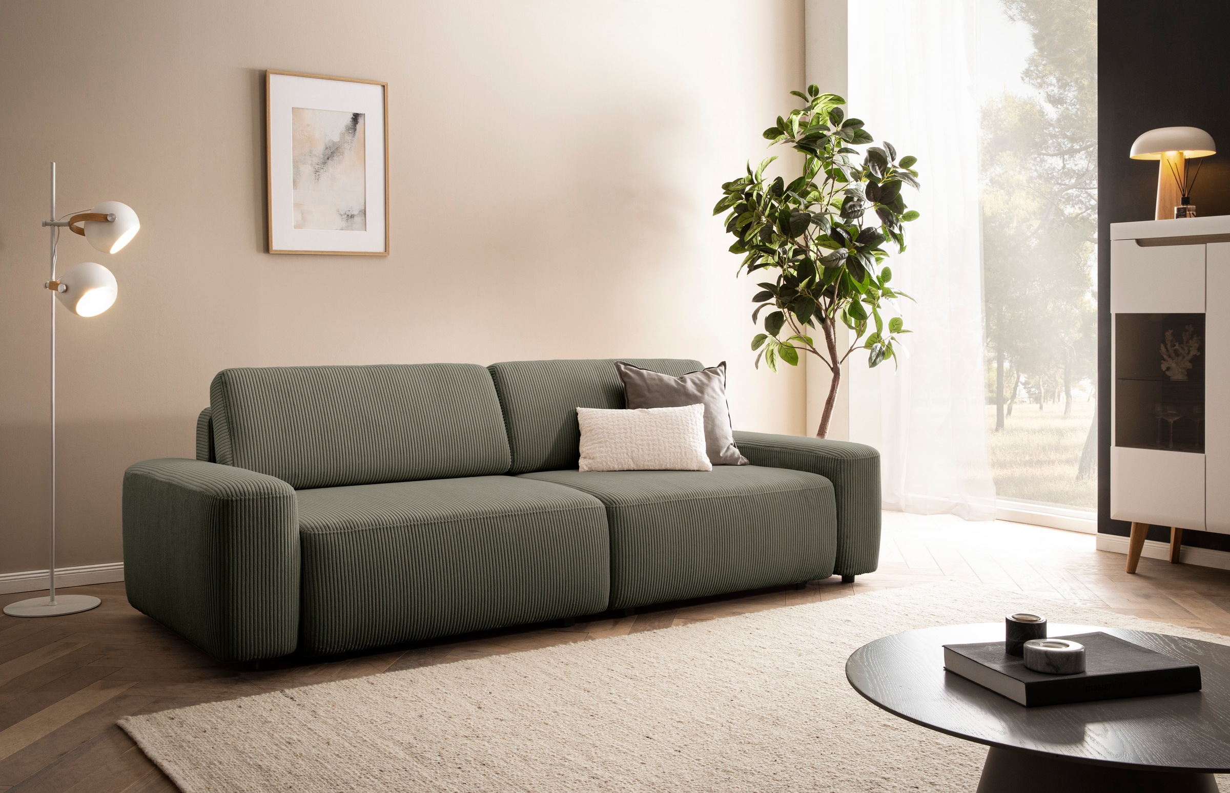 INOSIGN 3-Sitzer »TORGE (257cm), Sofa,Schlafsofa in Cord, Samtvelours, Struktur fein«, rundes Design, Schlaffunktion u. Bettkasten, Liegefläche: 135/200 cm