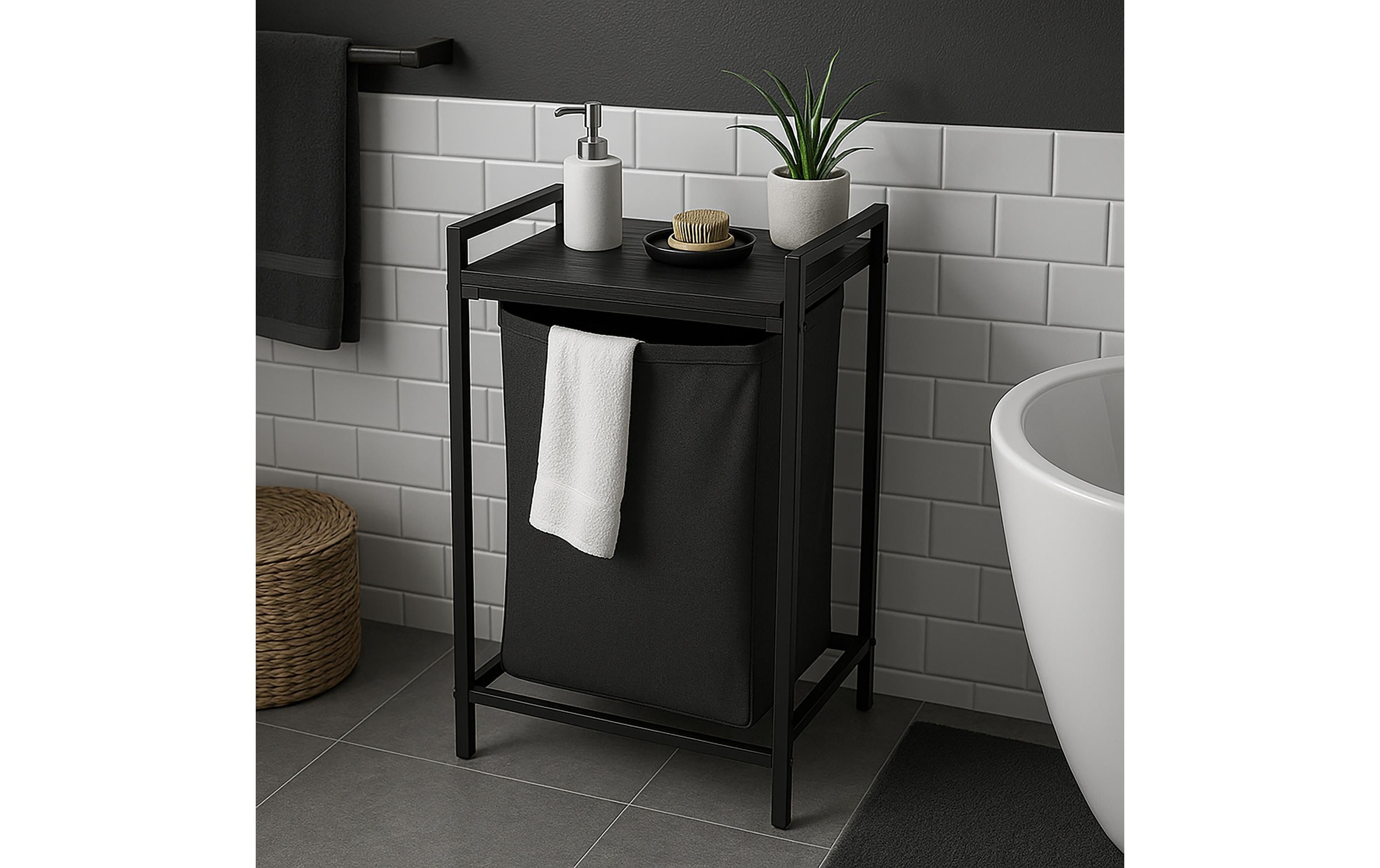 Relaxdays Panier à linge avec tablette, H x L x P : 72 x 50 x 33 cm, panier portable, sac amovible 65 L, noir