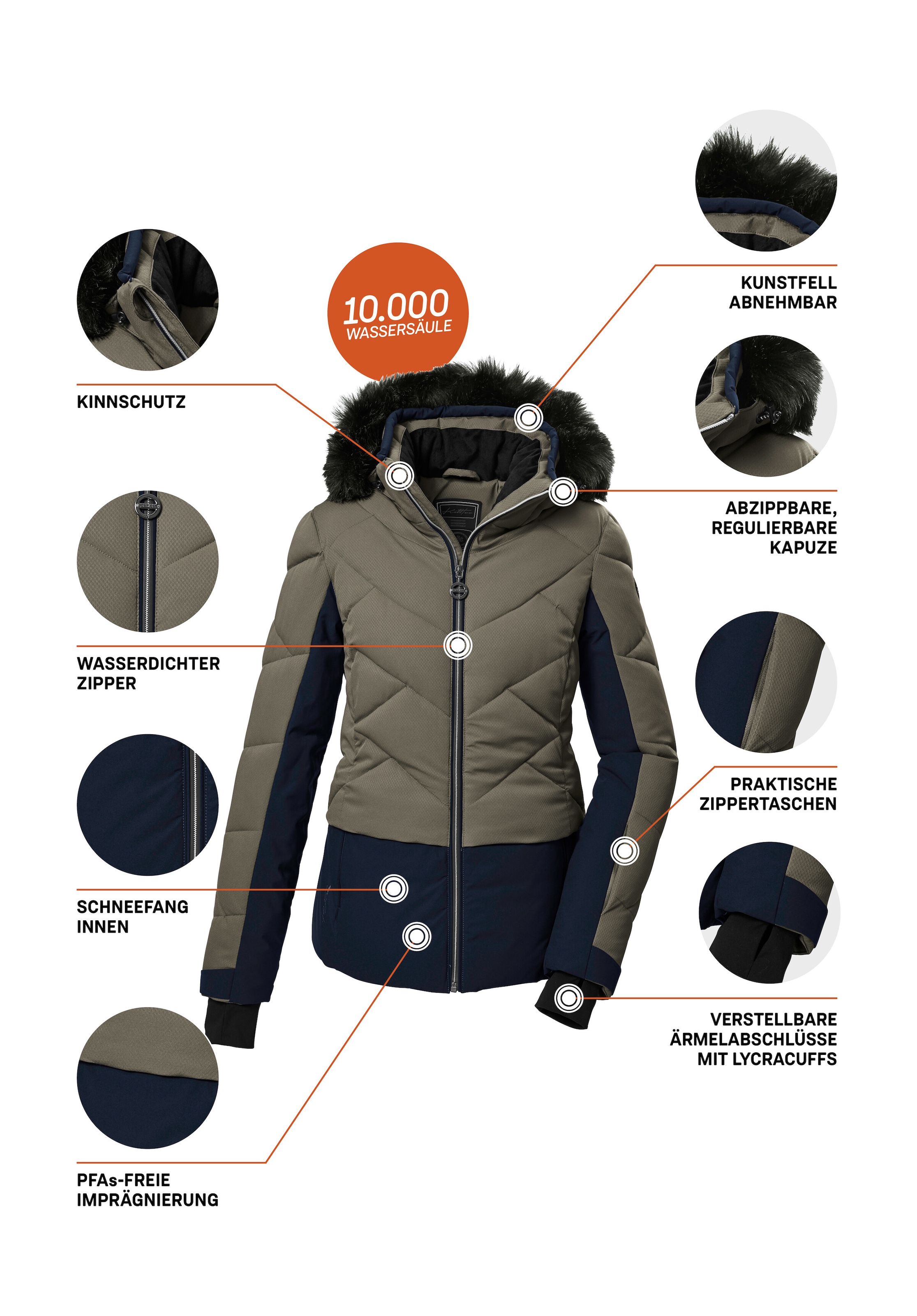 Killtec Skijacke »KSW 102 WMN SKI QLTD JCKT«, Stylische Skijacke, wasserabweisend, abnehmbarer Kunstfellkragen