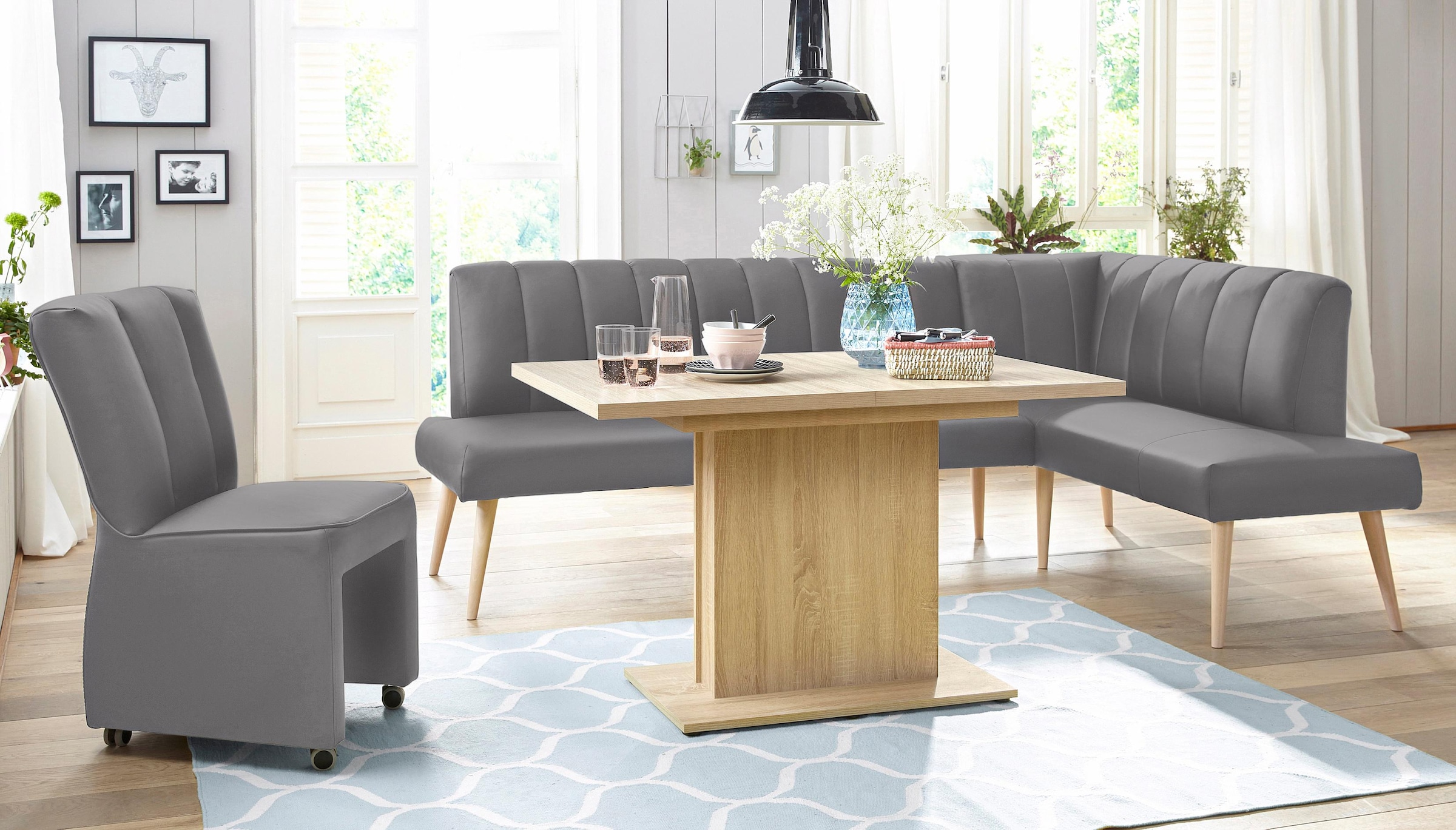 exxpo - sofa fashion Eckbank »Costa, moderne Rückensteppung, bequem und elegant, hoher Holzfuss«, hochwertig verarbeitet, Frei im Raum stellbar