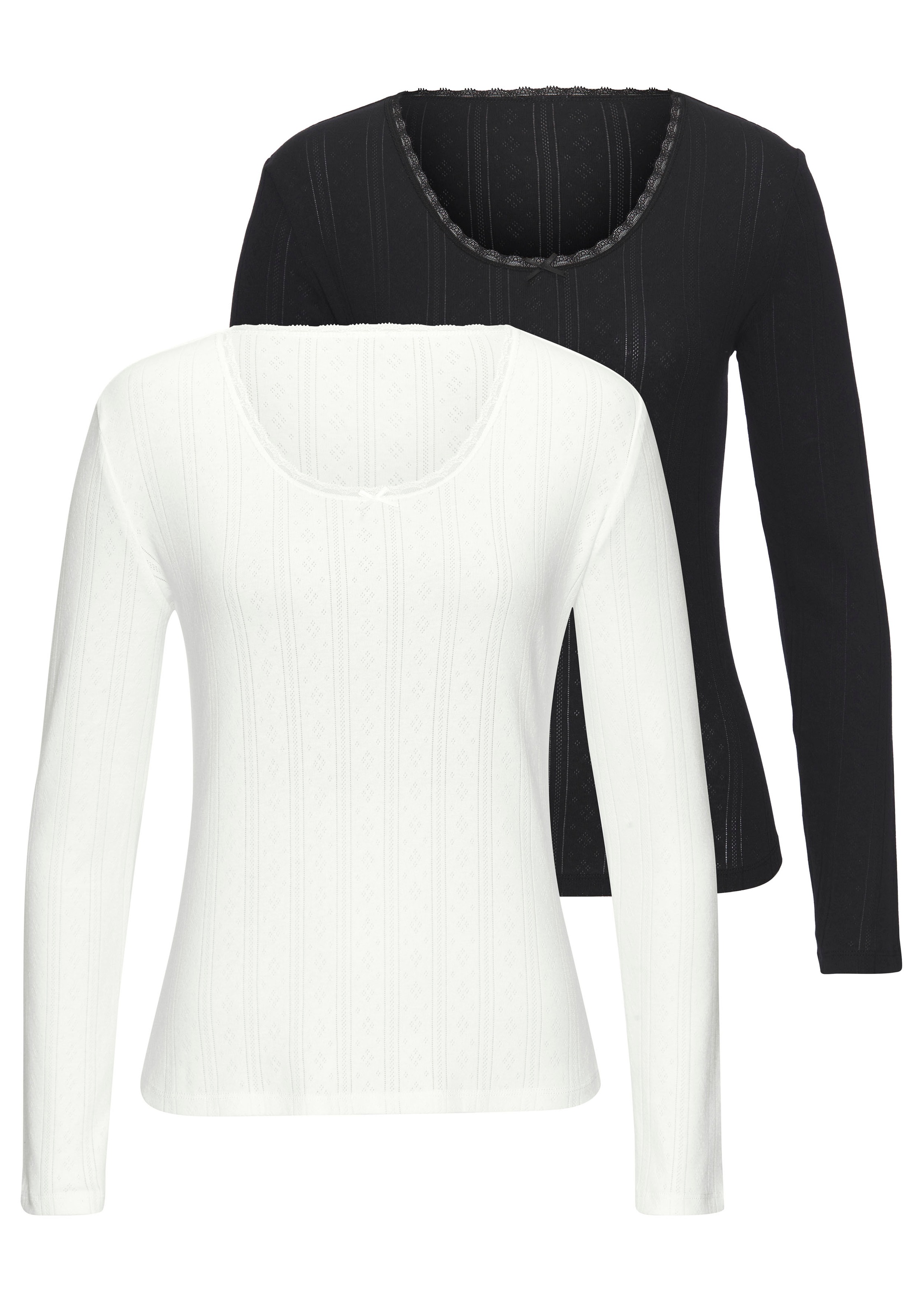 Vivance Langarmshirt 2er-Pack, aus feiner Pointelle-Ware mit Spitze, reine Baumwolle
