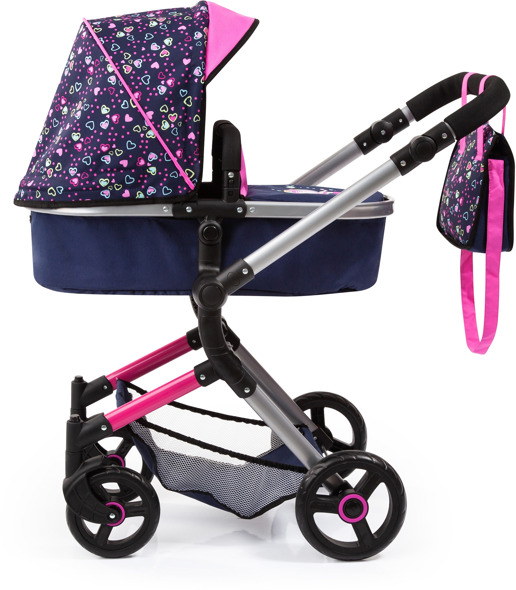 Bayer Kombi-Puppenwagen »Vario, Blau/Pink/Herzchen«, inkl. Wickeltasche