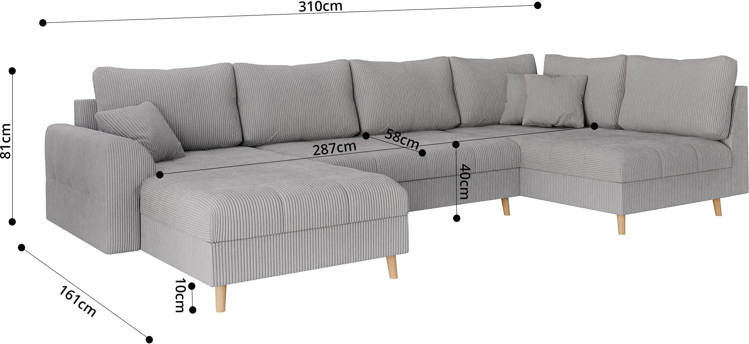 Home affaire Wohnlandschaft »CHARRE U-Form mit Ottomane, Masse B/T/H: 310/161/81 cm«, feine Steppung, lose Rücken- und Zierkissen, auch in Cord und Bouclé