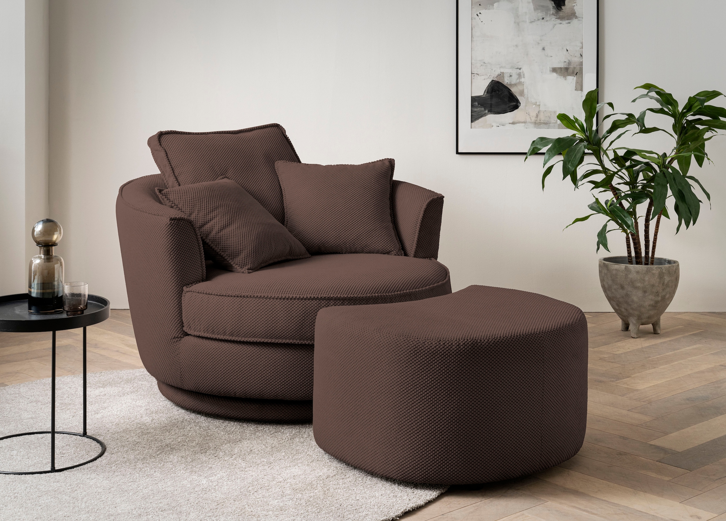 Leonique Drehsessel »MAISIE, Love Seat XXL Lese-Sessel, Big-Sessel mit Hocker,«, (2 St.), Set in MEGA CORD und Web-Velours, drehbar 360 Grad