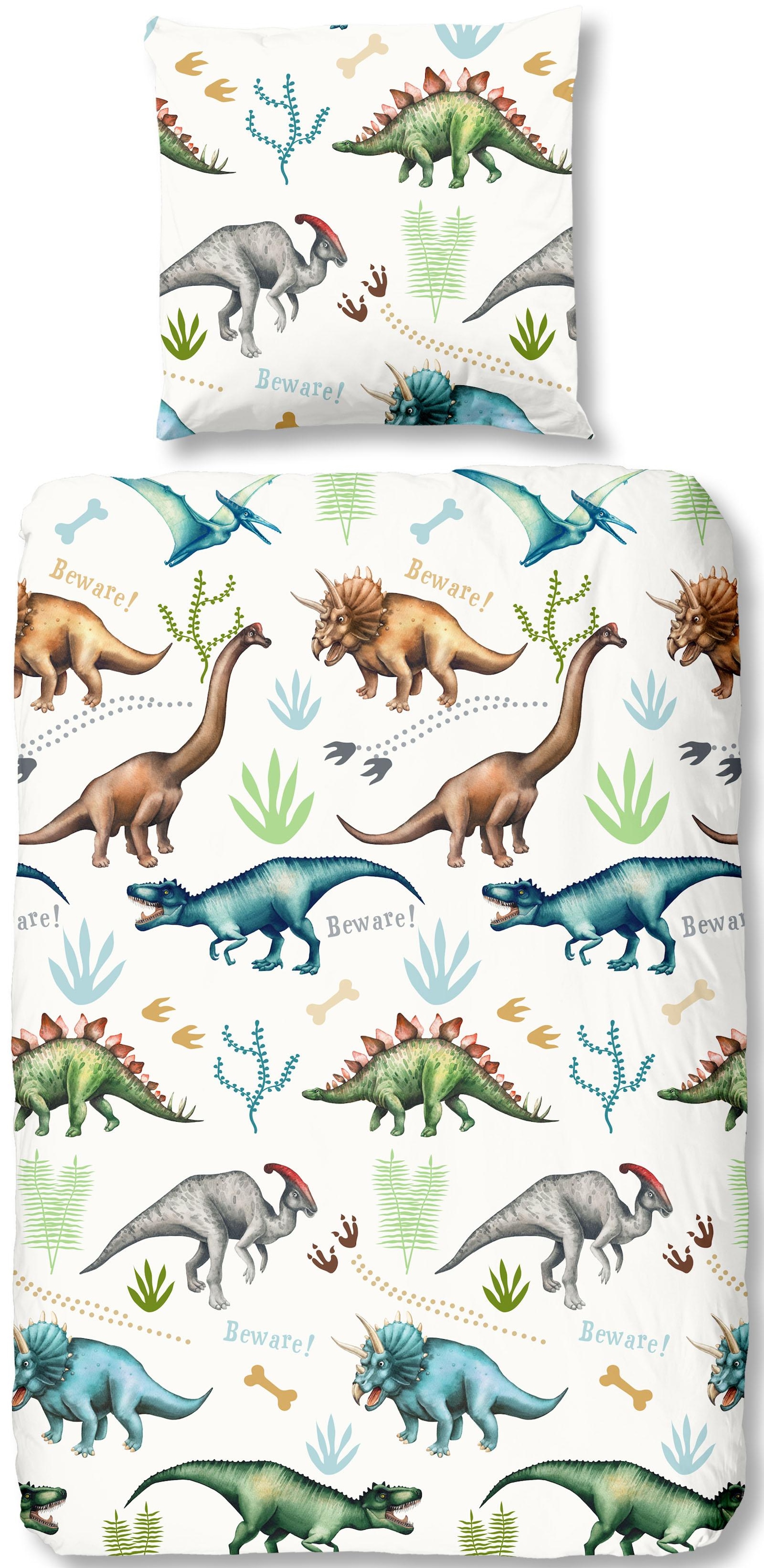 good morning Kinderbettwäsche »Dino«, Baumwolle, Renforcé, 135x200, Reissverschluss, Kind, Junge, Dino, Weiss
