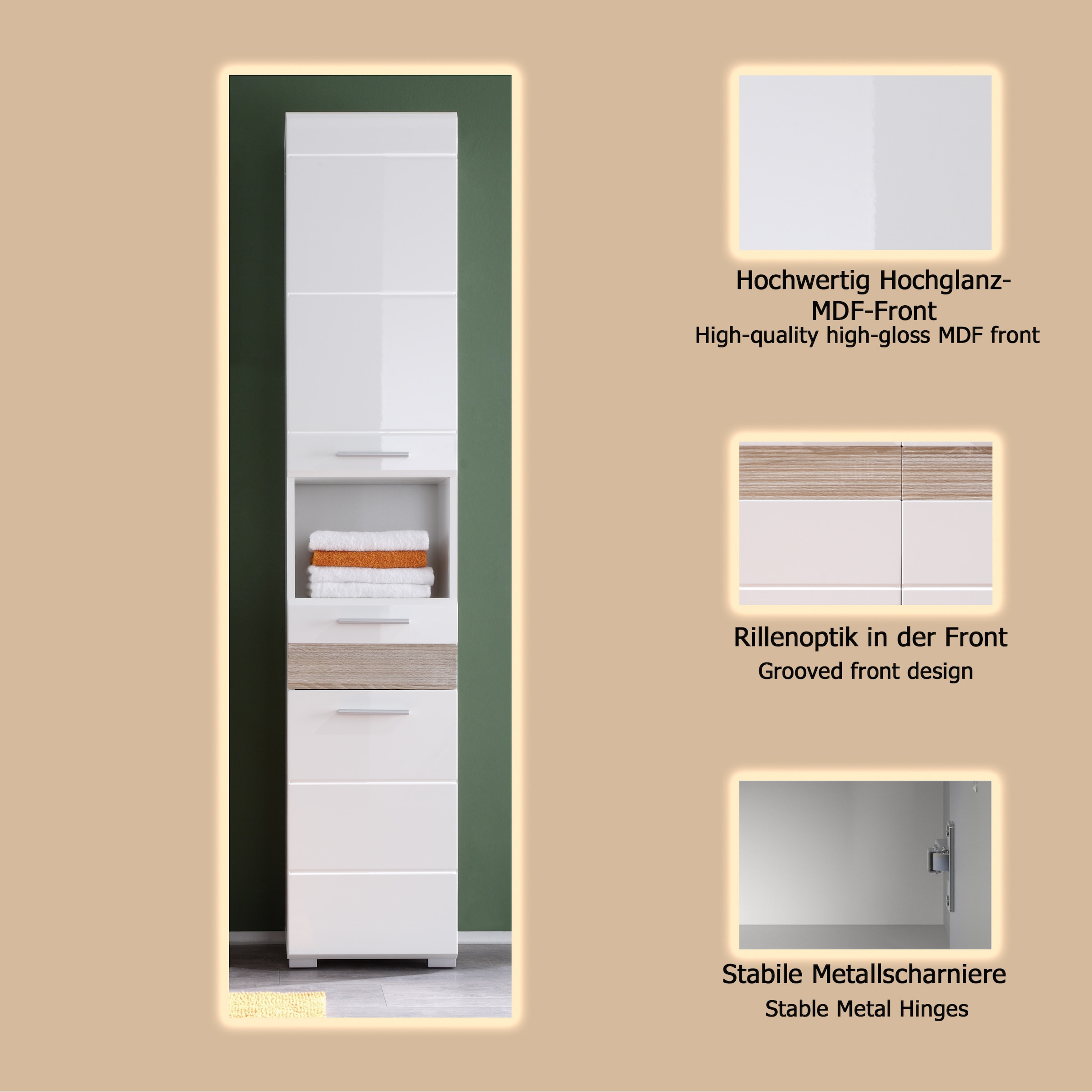 welltime Hochschrank »Marbella«, Hochschrank mit Absetzung Eiche - (B/T/H) 37/31/182 cm