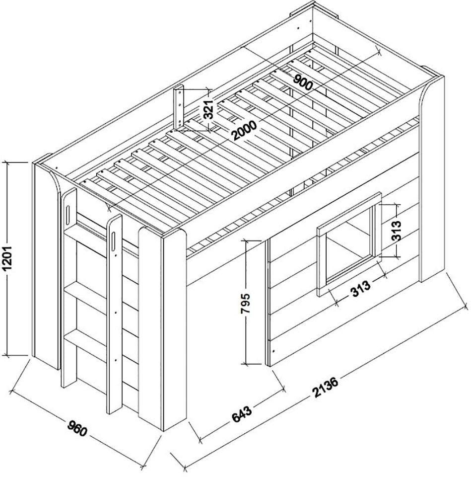 Vipack Hochbett »Noah, ein tolles Budenbett mit hoher Standfestigkeit, weiss lackiert«, (B/H/Tca.214x120x96cm, Leiter rechts/links möglich, Absturzschutz oben), inkl. Rolllattenrost, wahlweise mit und ohne Textilvorhang