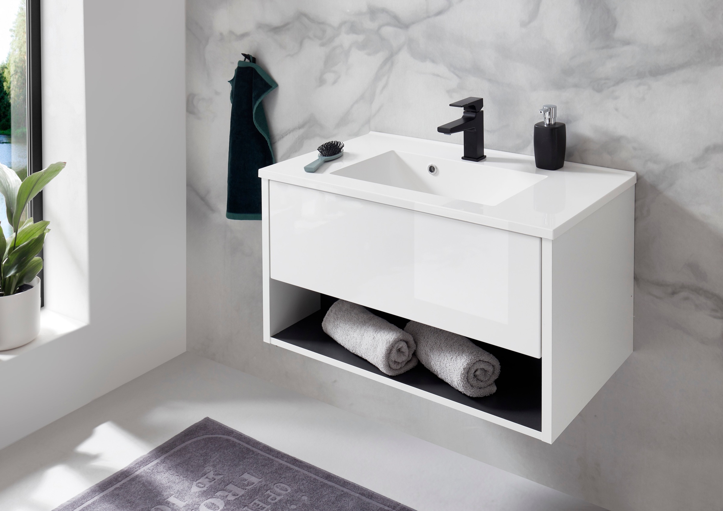 Places of Style Waschtisch »Studio Line, Waschtisch inkl. Waschbecken, modernes Design«, in zwei Farben verfügbar, ausreichend Stauraum