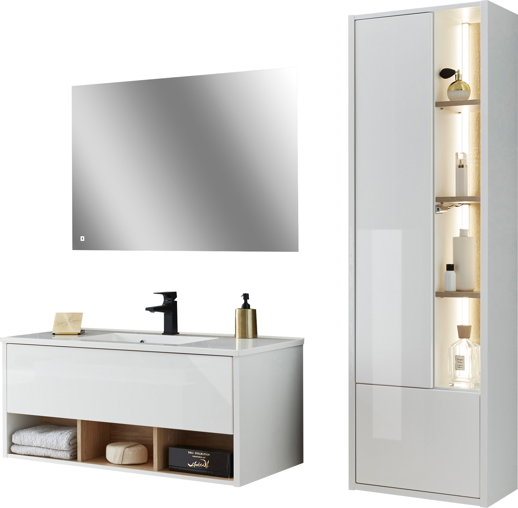 Places of Style Badmöbel-Set »Studio Line, Bad im modernen Design, 3-teiliges Badezimmer«, (3 St.), Schrank, Waschtisch und Spiegel, in zwei Farben verfügbar, Stauraum
