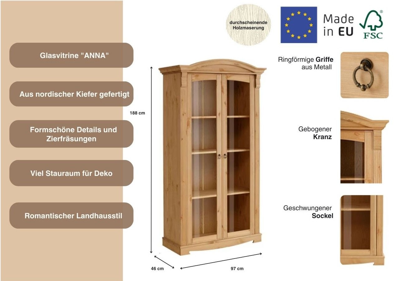 Home affaire Vitrine »Anna«, (Gesamtmasse (B/T/H): ca. 97/46/188 cm), mit Glastüren, Höhe 188 cm, Massivholz, mit Zierfräsungen, FSC®