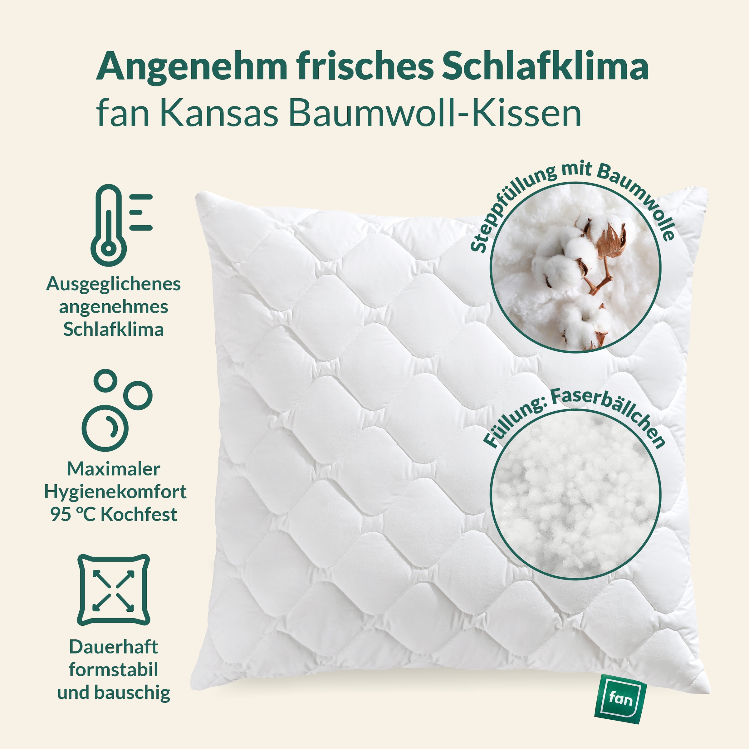 fan Microfaserkissen "Kansas, mit Baumwollbezug und Reißverschluss" Füllung: 100% Microfaser 1 Stk. tlg. in 40x80 oder 80x80 cm, Kopfkissen aus Microfaser, Made in Germany