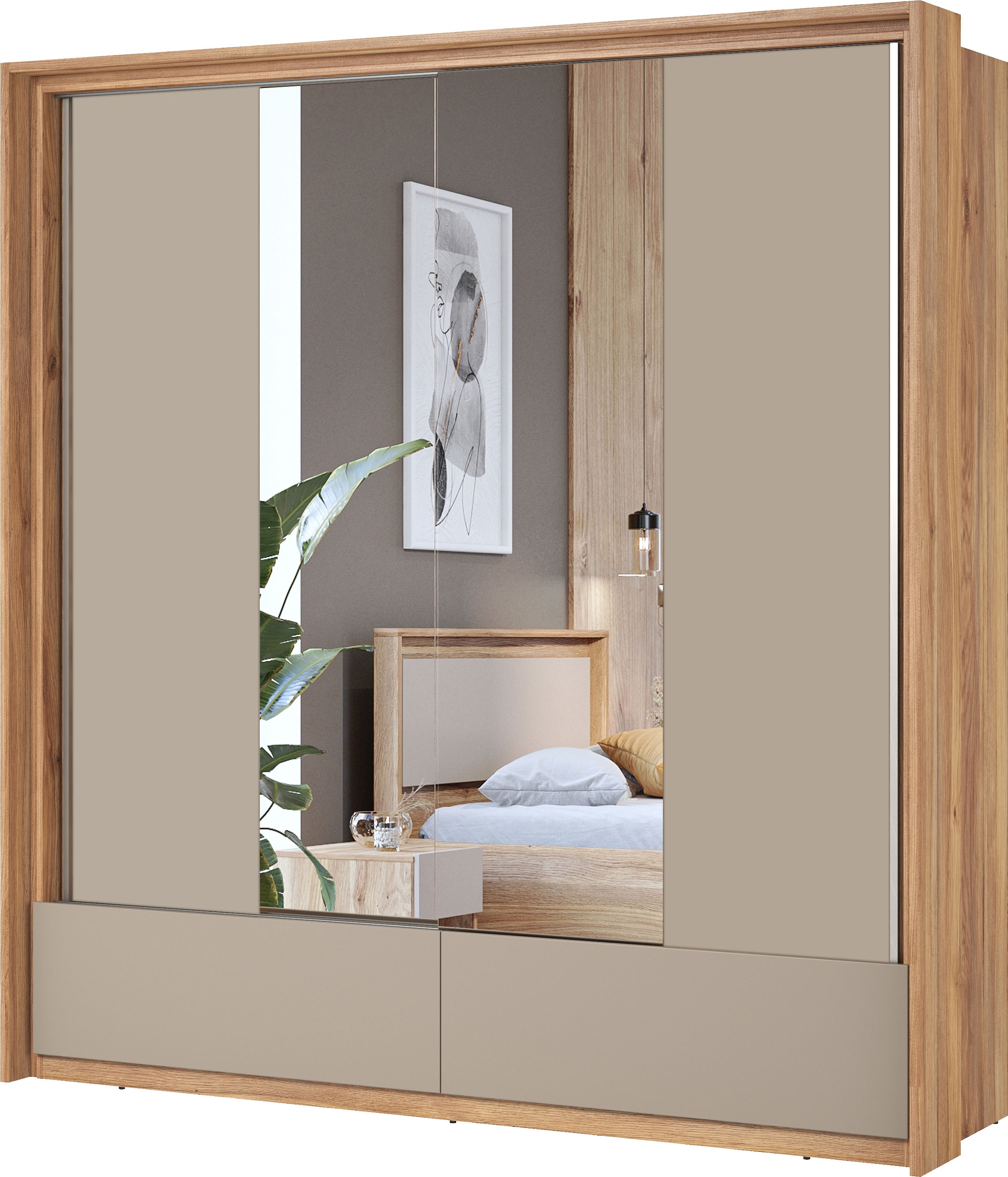 Home affaire Schwebetürenschrank »Wharton, Breite 159 oder 209 cm, Kleiderschrank incl. Innenausstattung«, Wäscheschrank, 2 Schubkästen, 2 Spiegel, Metallgriffe, Garderobe