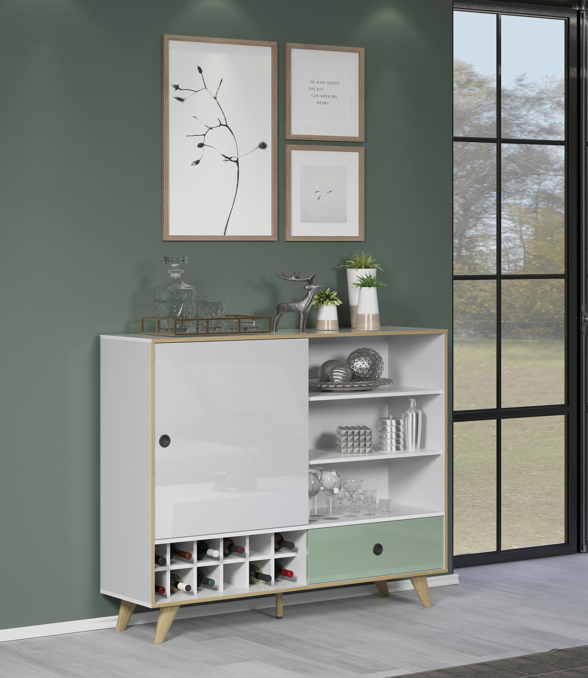 INTER-FURN Highboard »Adelaide«, Stauraumschrank, Breite 145 cm, Integriertes Weinregal