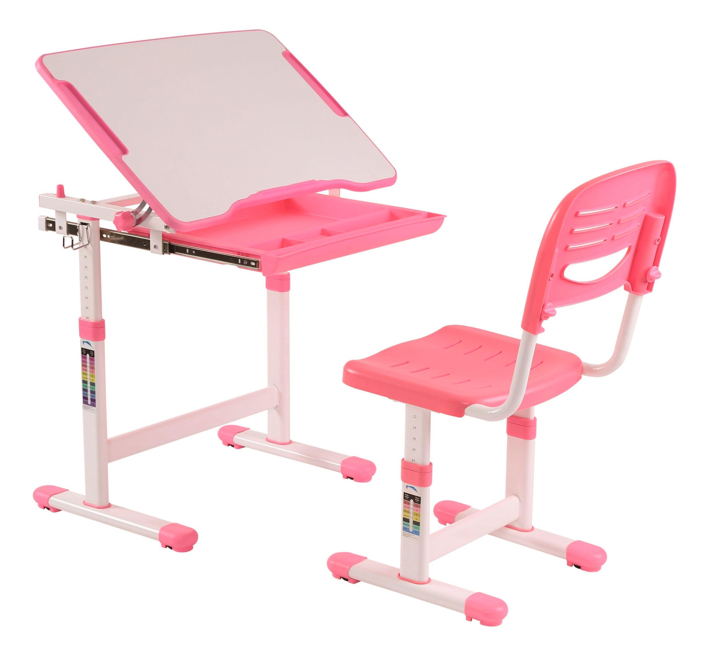 Vipack Kinderschreibtisch »Comfortline, mit Höhenverstellung inkl. Taschen- u. Becherhalter«, (Set, B/H/T ca. 70x54-76x47,4cm, verschiedene Farben, mit Griffelschublade), inkl. Stuhl und verstellbarer Schreibplatte, praktische Funktionen